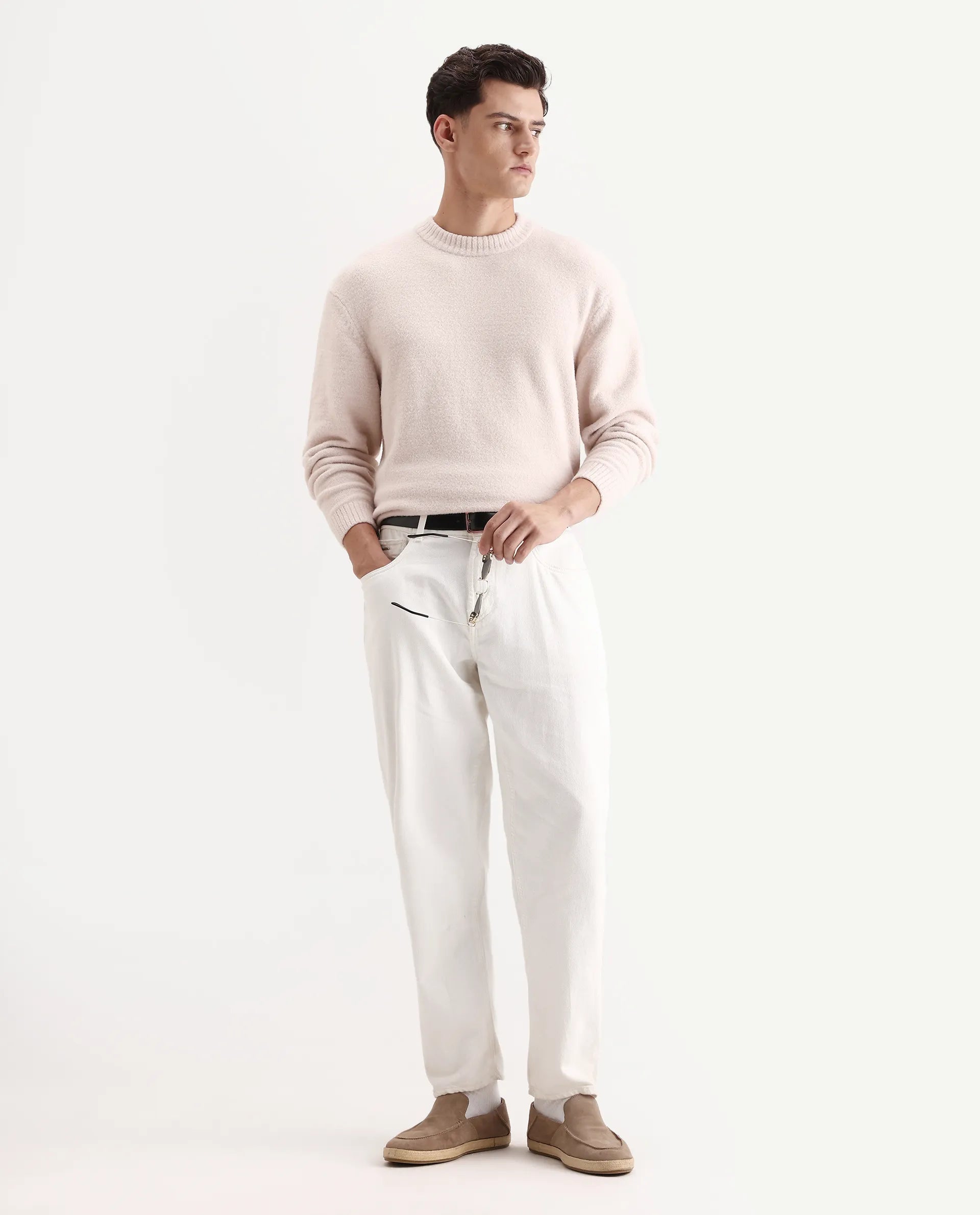 Rare Rabbit Men's Zeo-1 Beige Nylon Plain Regular Fit Full Sleeve Crew Neck Sweater