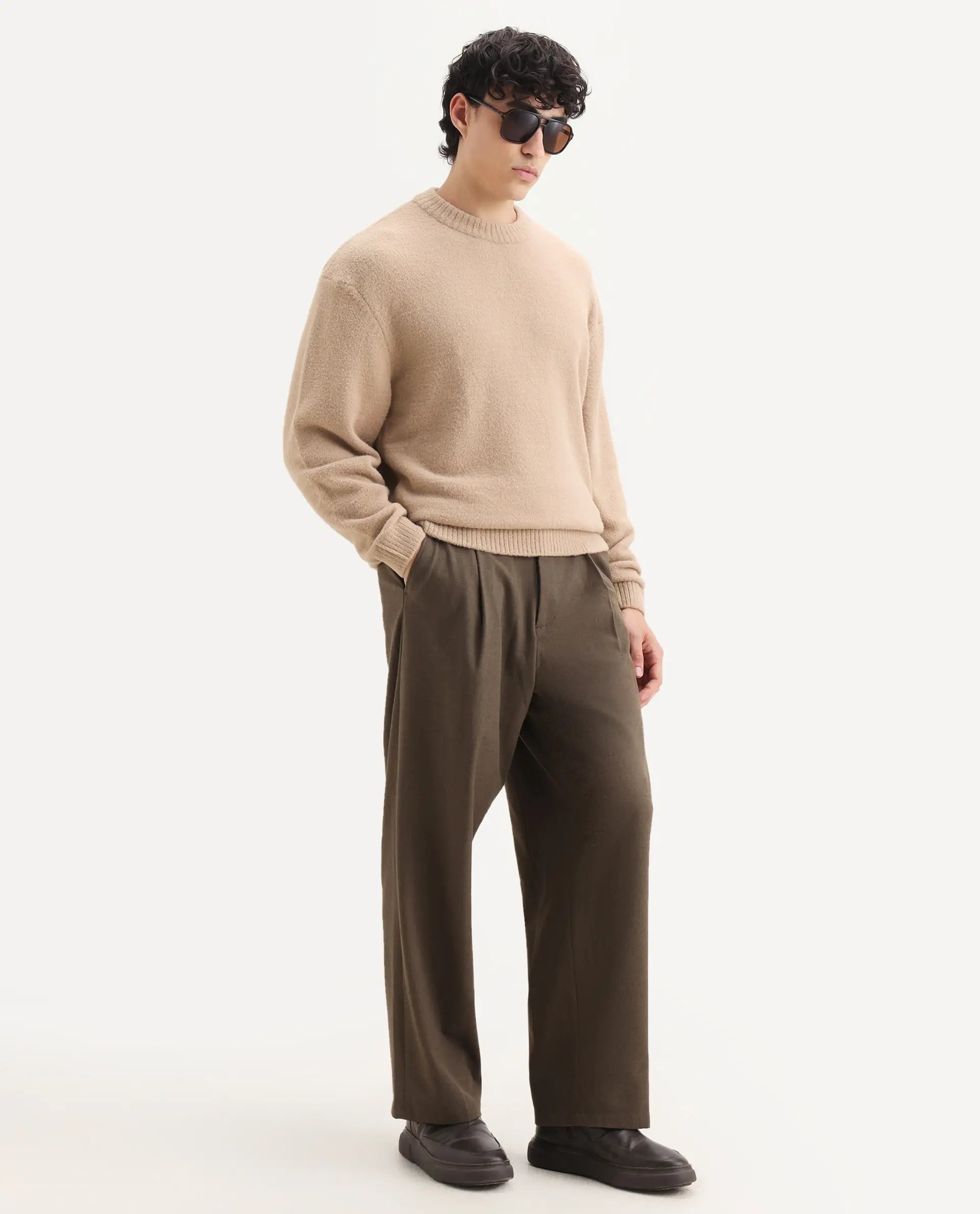 Rare Rabbit Men's Zeo-1 Dark Beige Nylon Plain Regular Fit Full Sleeve Crew Neck Sweater