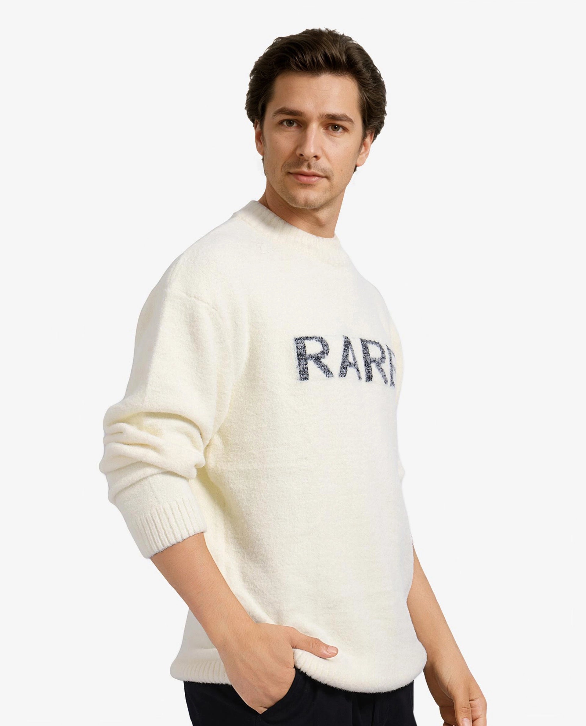 Rare Rabbit Men's Zeo Off White Ribbed Full Sleeves and Crew Neck Collar Regular Fit Branded Sweater