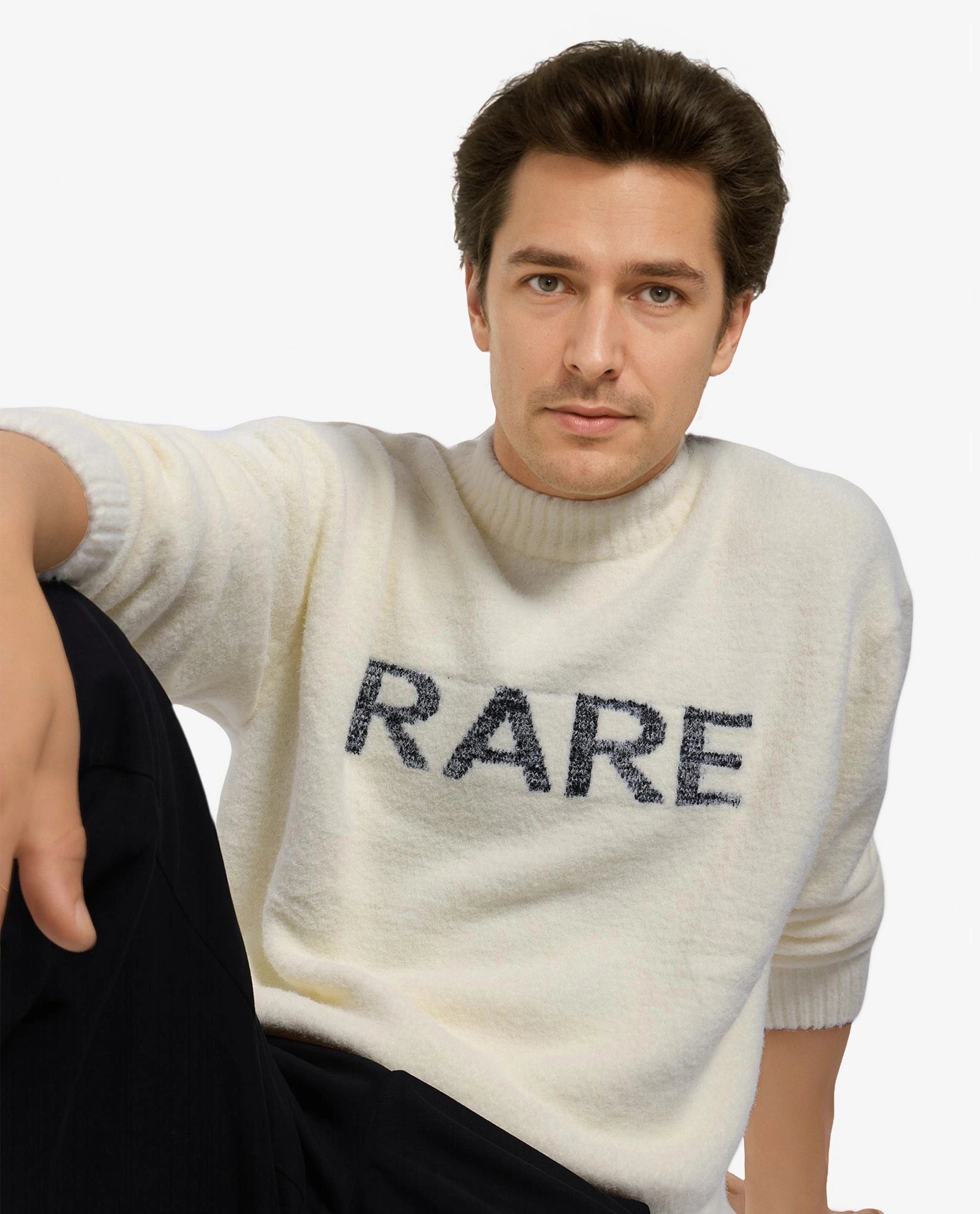 Rare Rabbit Men's Zeo Off White Ribbed Full Sleeves and Crew Neck Collar Regular Fit Branded Sweater