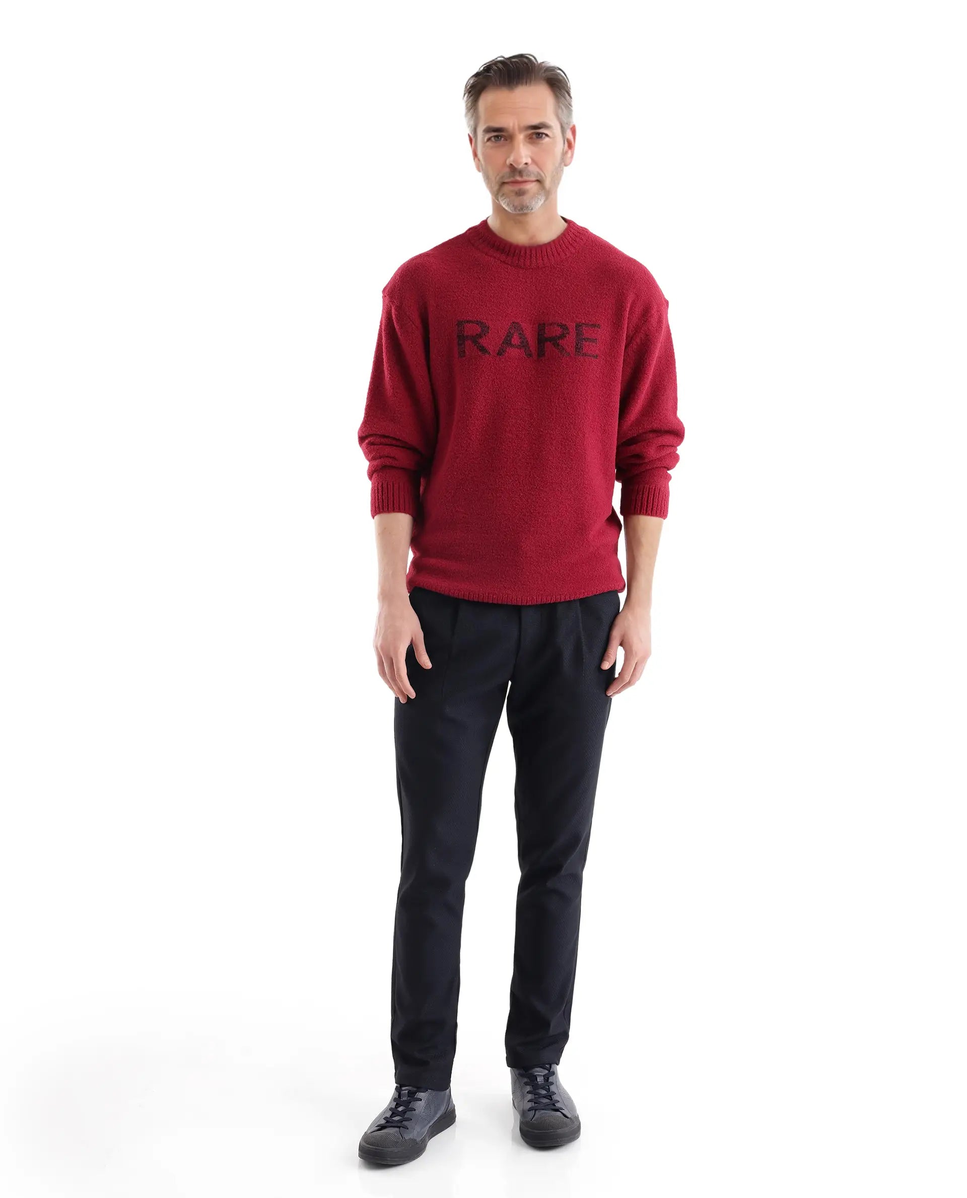 Rare Rabbit Men's Zeo Dark Red Ribbed Full Sleeves and Crew Neck Collar Regular Fit Branded Sweater