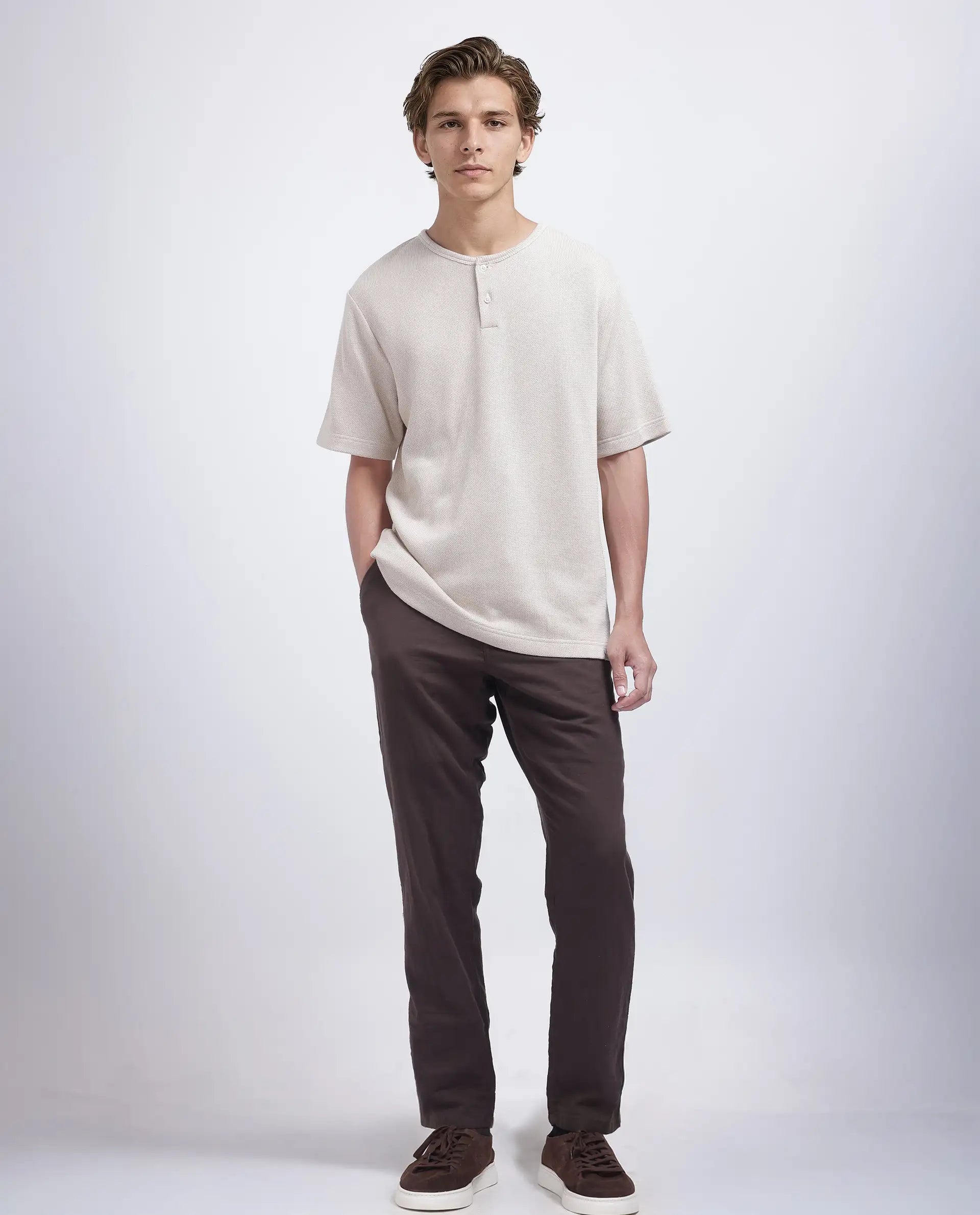 Rare Rabbit Men Zeph Beige Cotton Poly Fabric Short Sleeve Crew Neck Textured T-Shirt