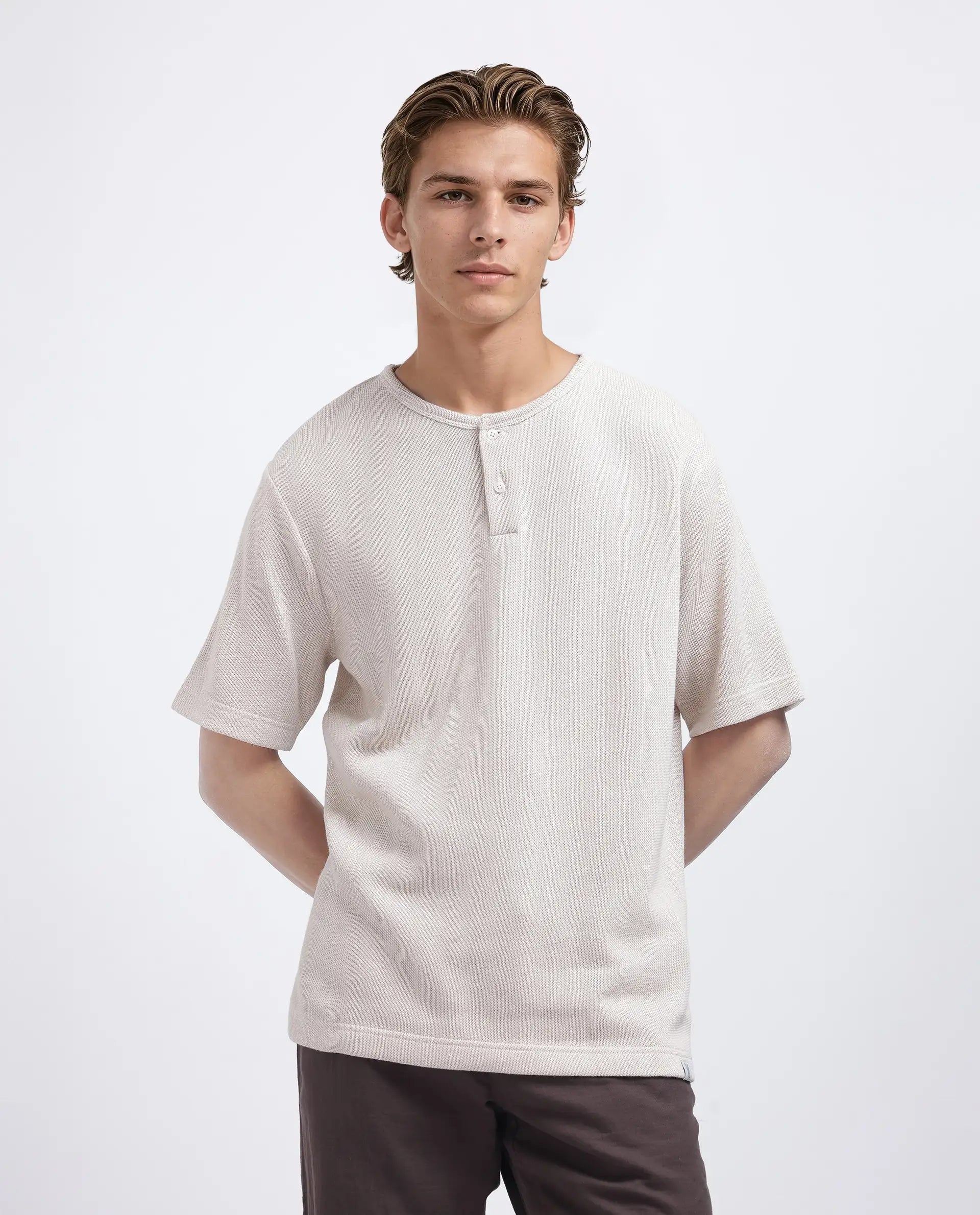 Rare Rabbit Men Zeph Beige Cotton Poly Fabric Short Sleeve Crew Neck Textured T-Shirt