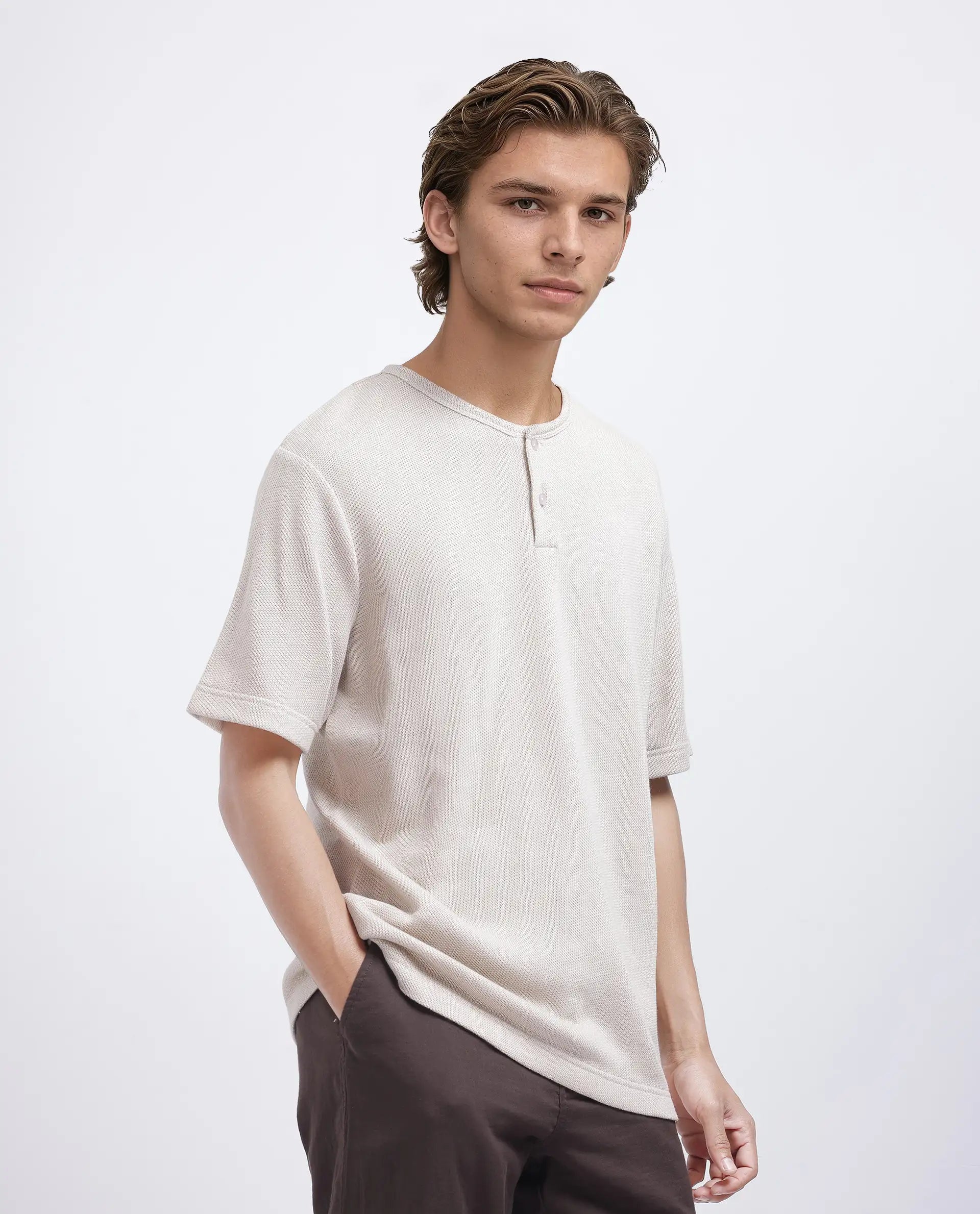 Rare Rabbit Men Zeph Beige Cotton Poly Fabric Short Sleeve Crew Neck Textured T-Shirt