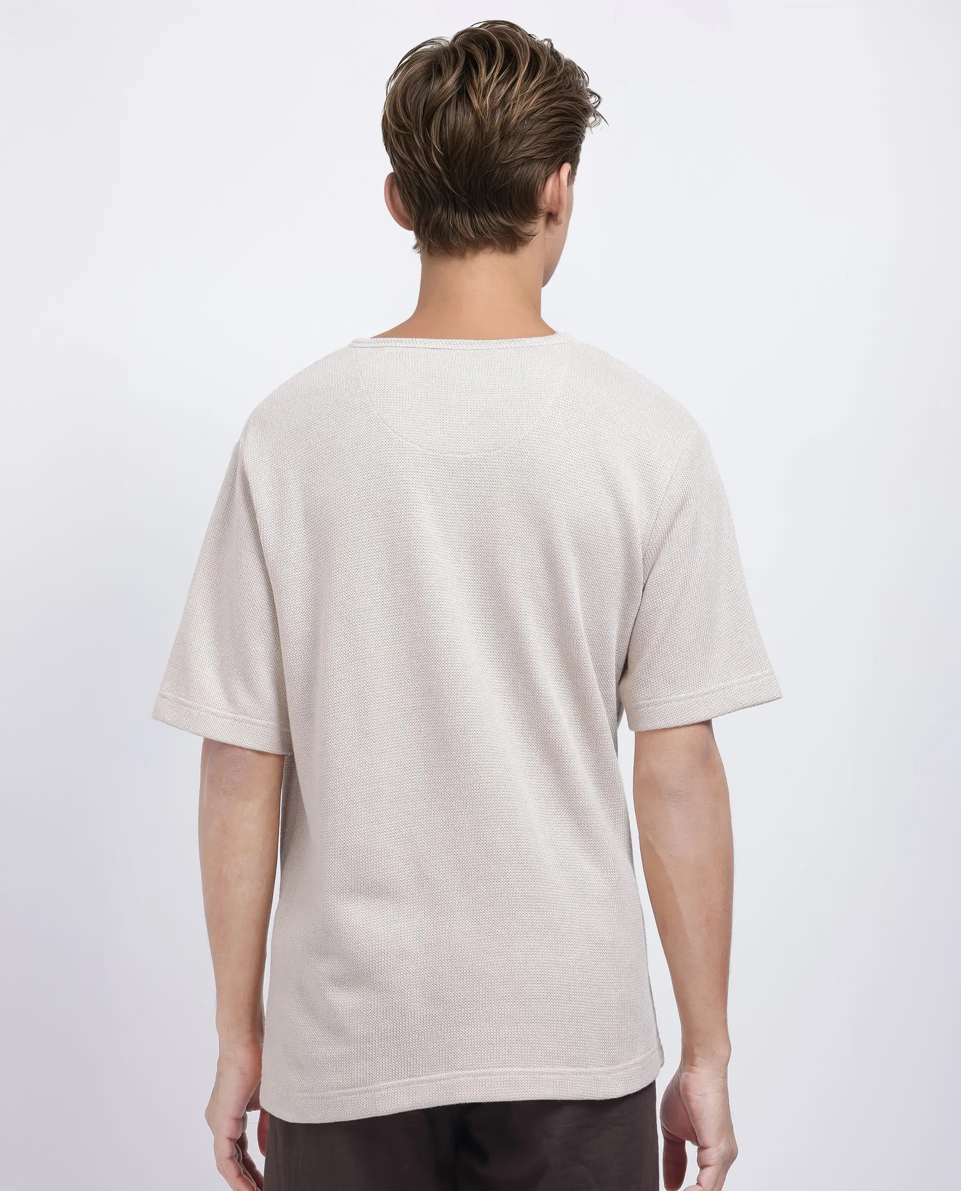 Rare Rabbit Men Zeph Beige Cotton Poly Fabric Short Sleeve Crew Neck Textured T-Shirt