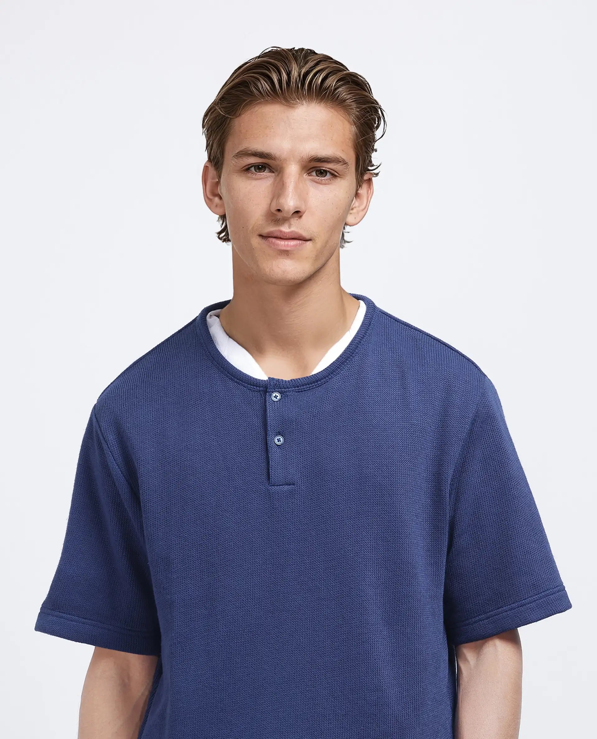 Rare Rabbit Men Zeph Navy Cotton Poly Fabric Short Sleeve Crew Neck Textured T-Shirt