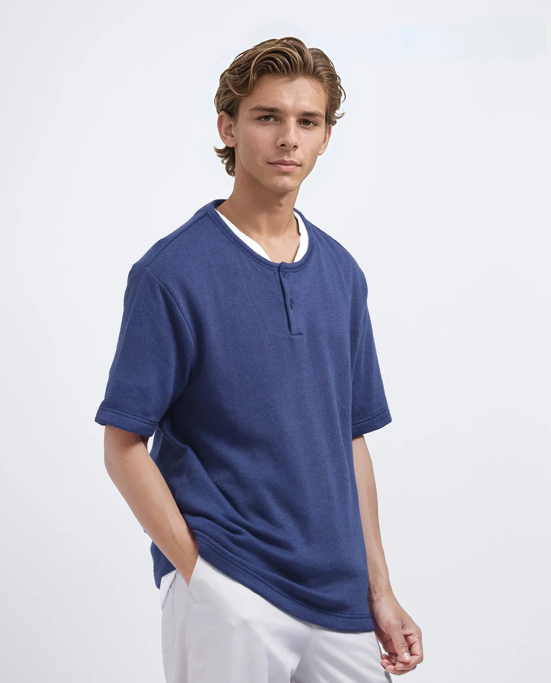 Rare Rabbit Men Zeph Navy Cotton Poly Fabric Short Sleeve Crew Neck Textured T-Shirt