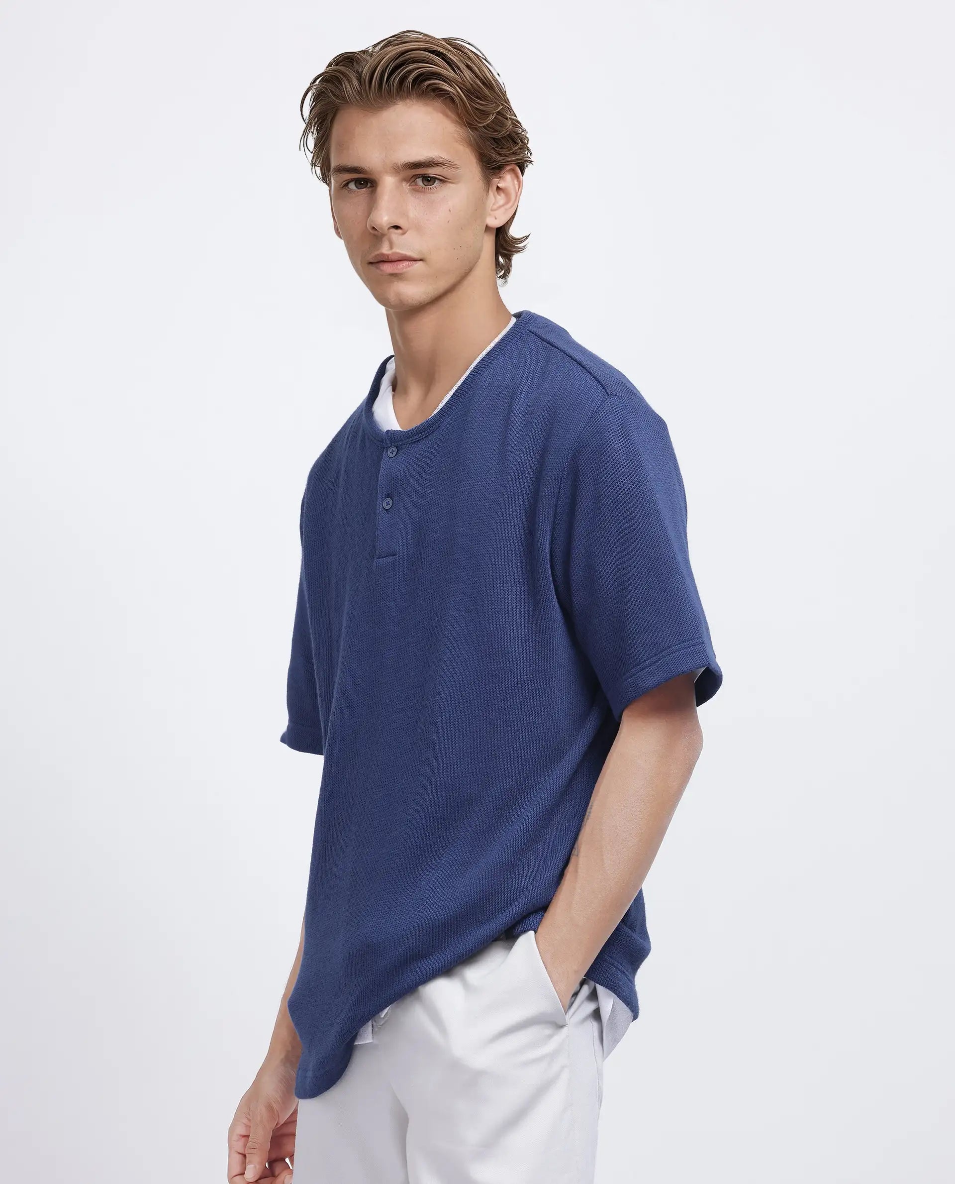 Rare Rabbit Men Zeph Navy Cotton Poly Fabric Short Sleeve Crew Neck Textured T-Shirt