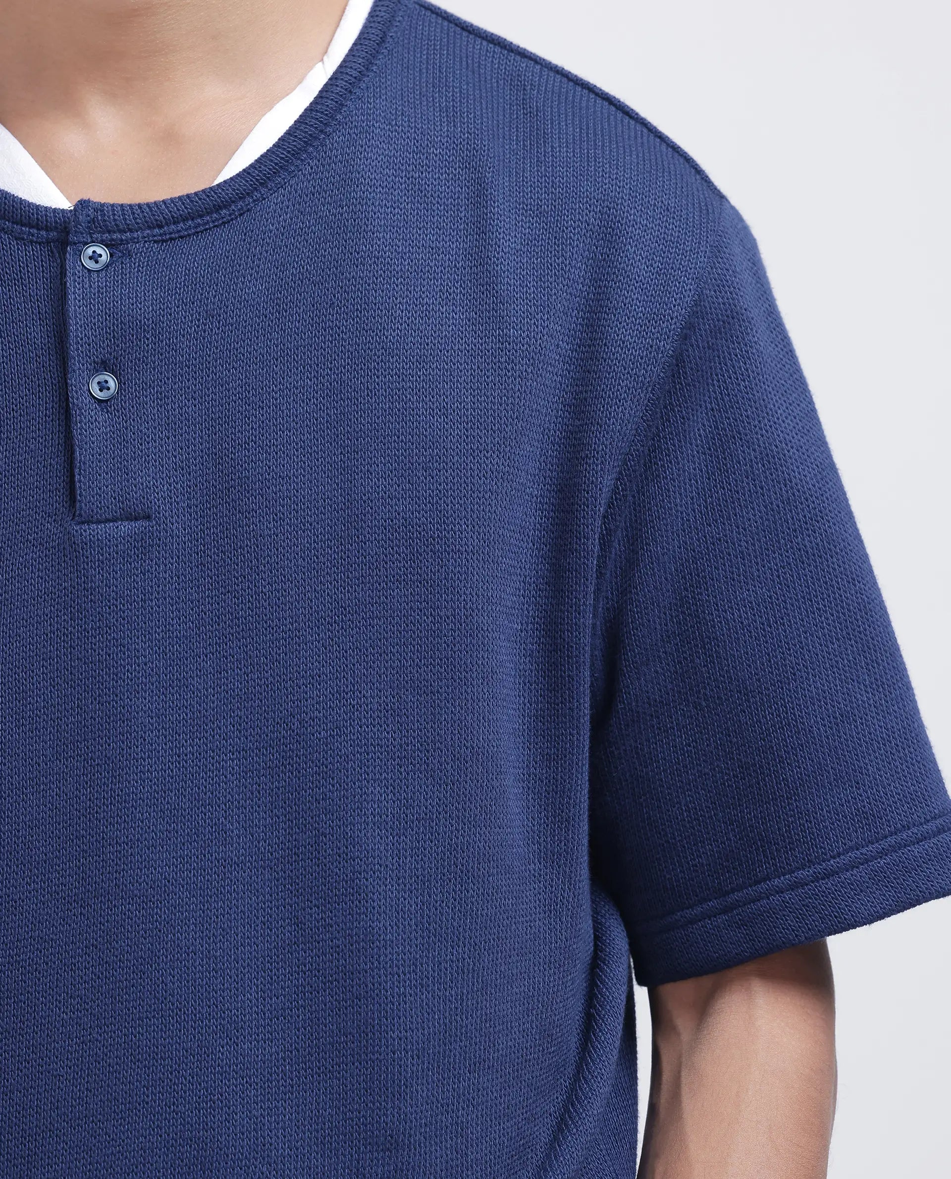 Rare Rabbit Men Zeph Navy Cotton Poly Fabric Short Sleeve Crew Neck Textured T-Shirt