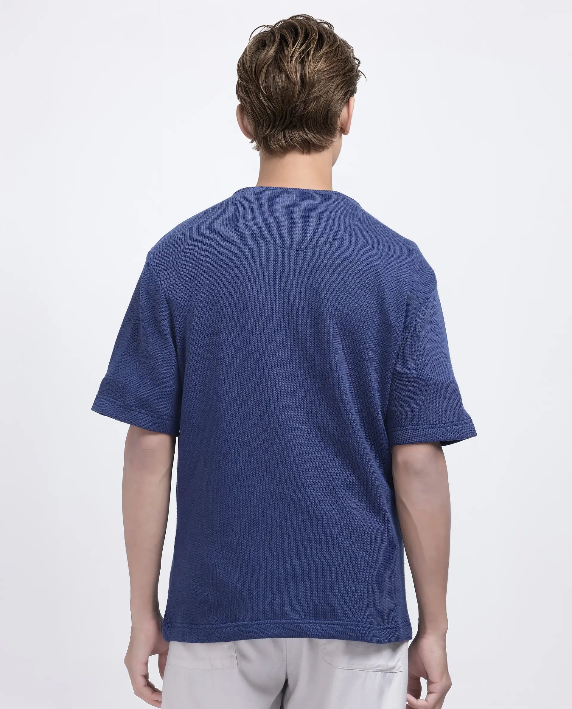 Rare Rabbit Men Zeph Navy Cotton Poly Fabric Short Sleeve Crew Neck Textured T-Shirt