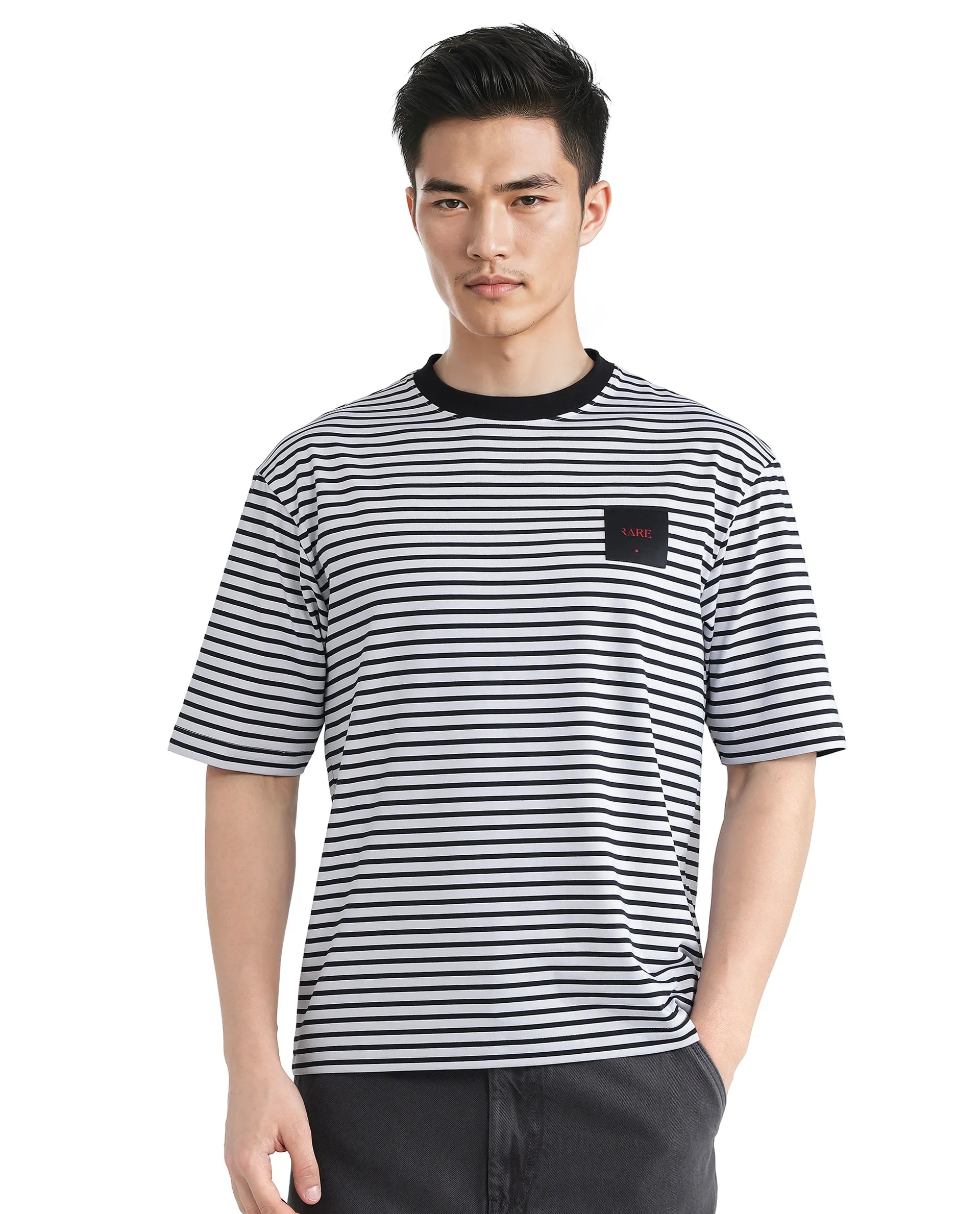 Rare Rabbit Men Zeph White Cotton Poly Fabric Short Sleeve Crew Neck Boxy Fit Plain T-Shirt