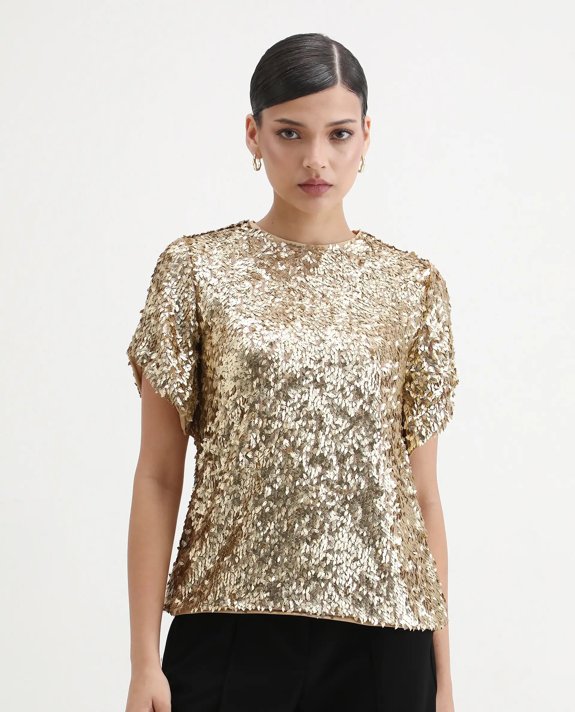 Rareism Women's Zepla Mettalic Gold Sequined Crew Neck Sequined Regular Fit Top