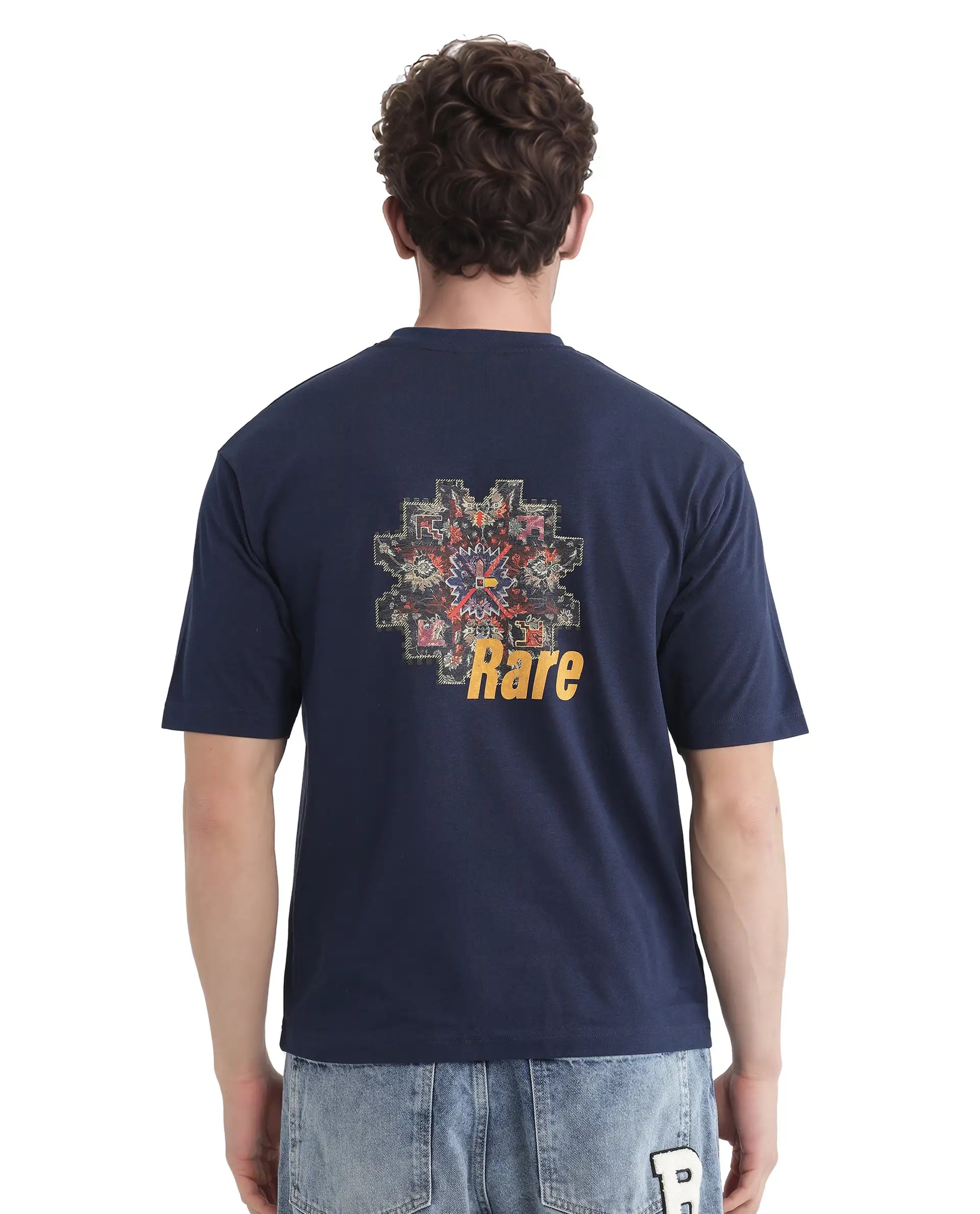 Rare Rabbit Men's Zera Navy Cotton Fabric Half Sleeve Crew Neck Oversized Fit Graphic Print T-Shirt