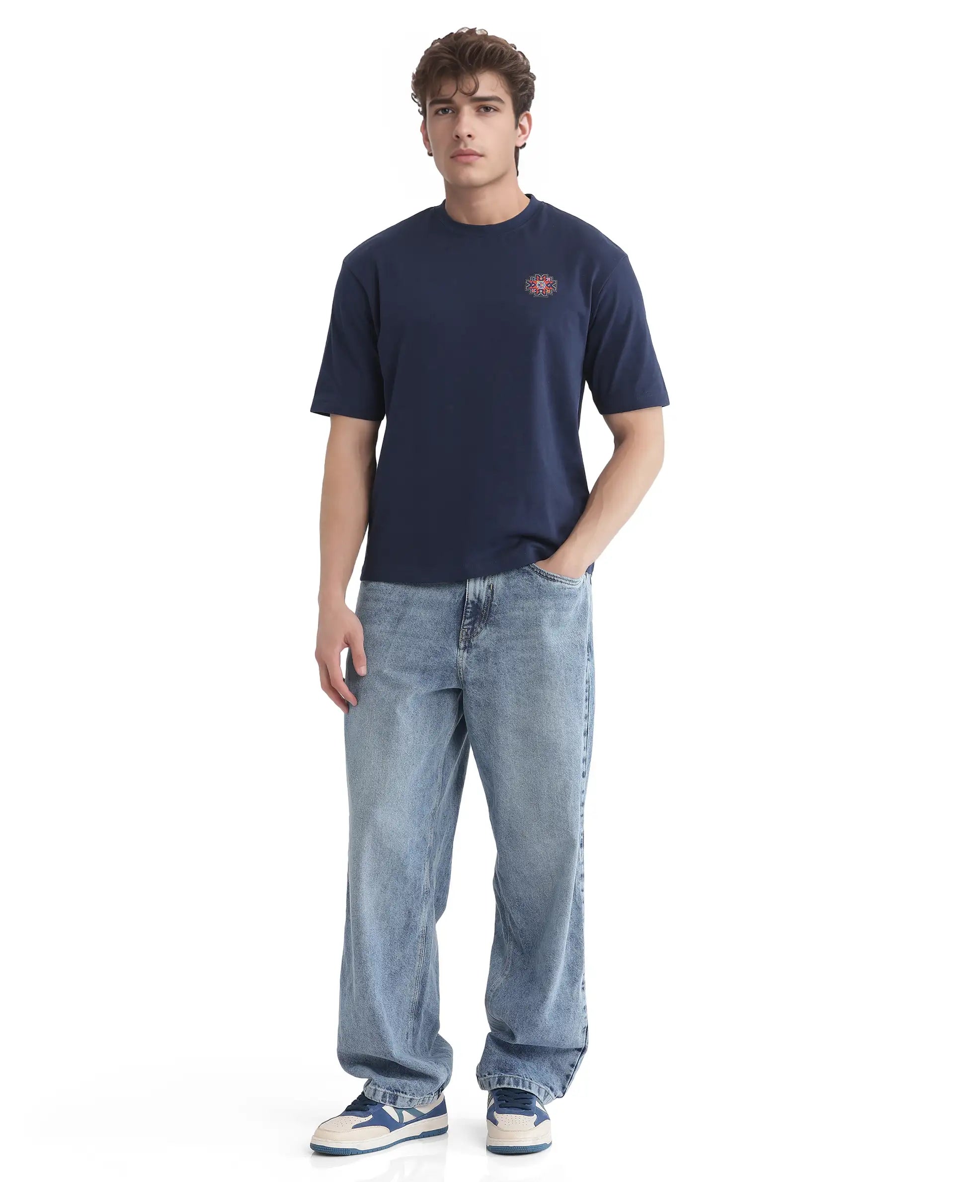 Rare Rabbit Men's Zera Navy Cotton Fabric Half Sleeve Crew Neck Oversized Fit Graphic Print T-Shirt