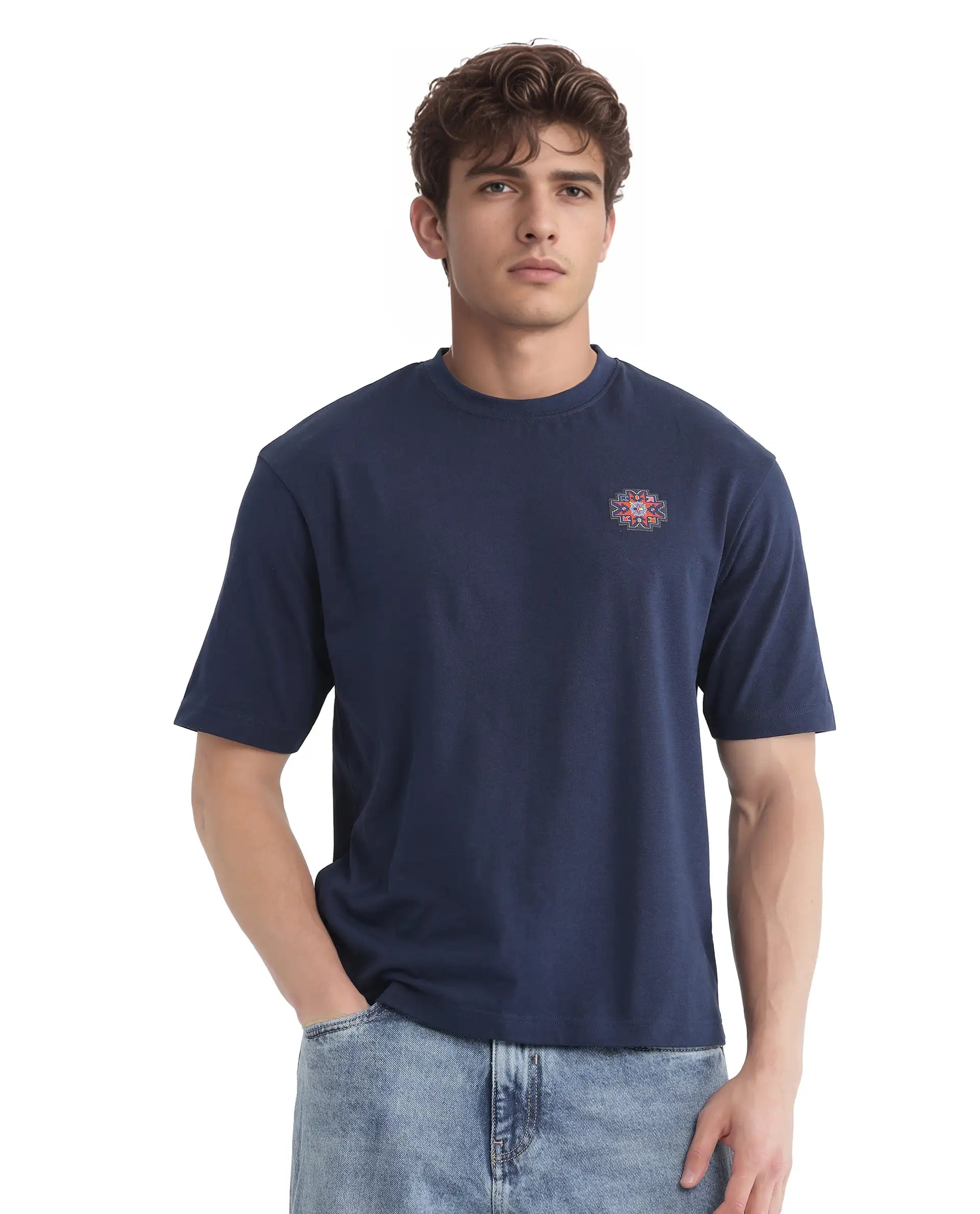 Rare Rabbit Men's Zera Navy Cotton Fabric Half Sleeve Crew Neck Oversized Fit Graphic Print T-Shirt