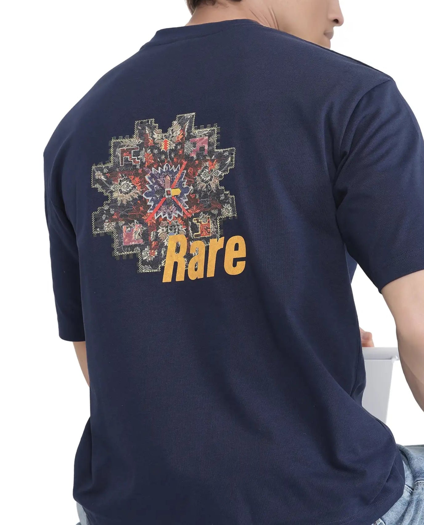 Rare Rabbit Men's Zera Navy Cotton Fabric Half Sleeve Crew Neck Oversized Fit Graphic Print T-Shirt
