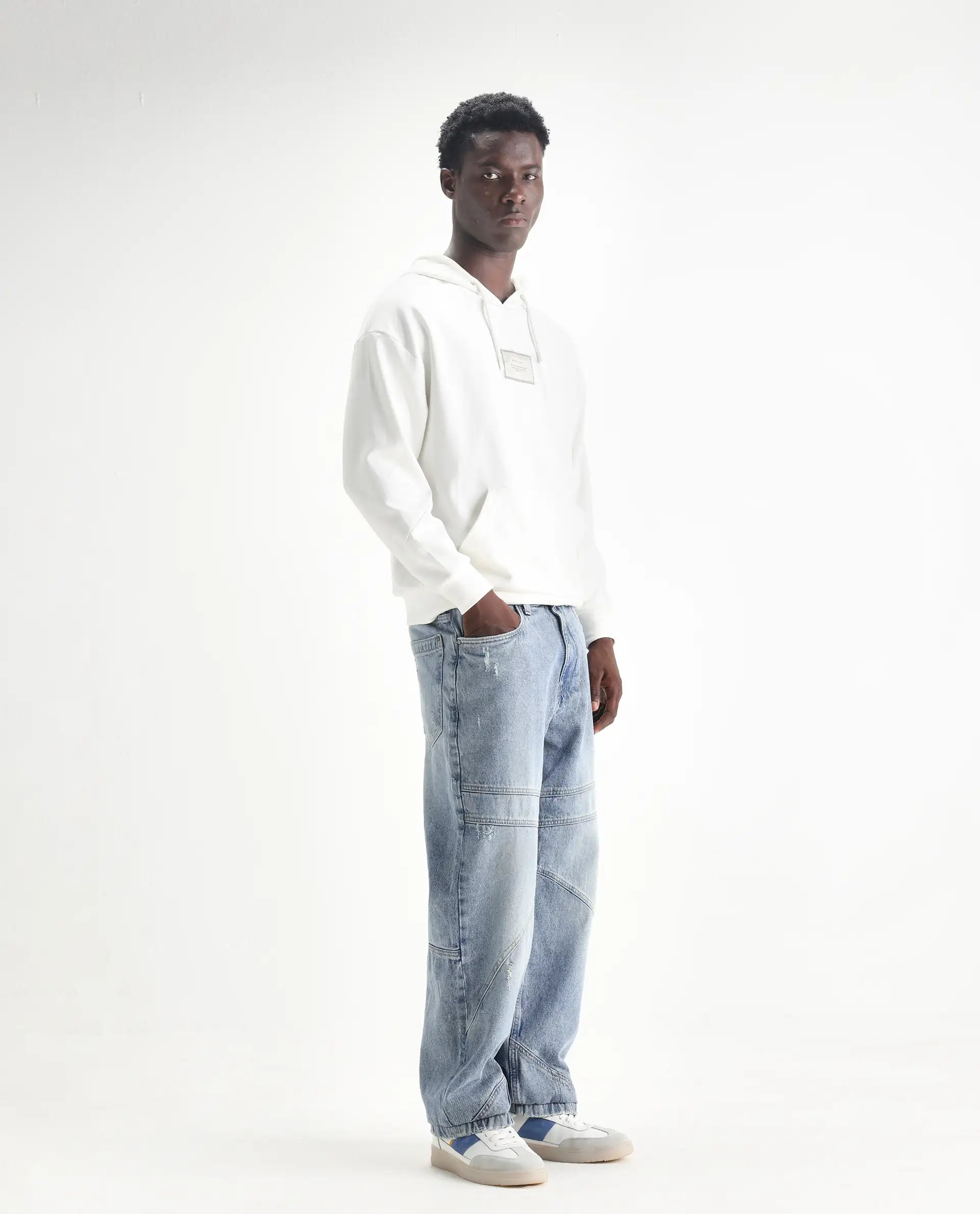 Rare Rabbit Men's Zeret Pastel Blue Cotton Plain Baggy Fit Jeans