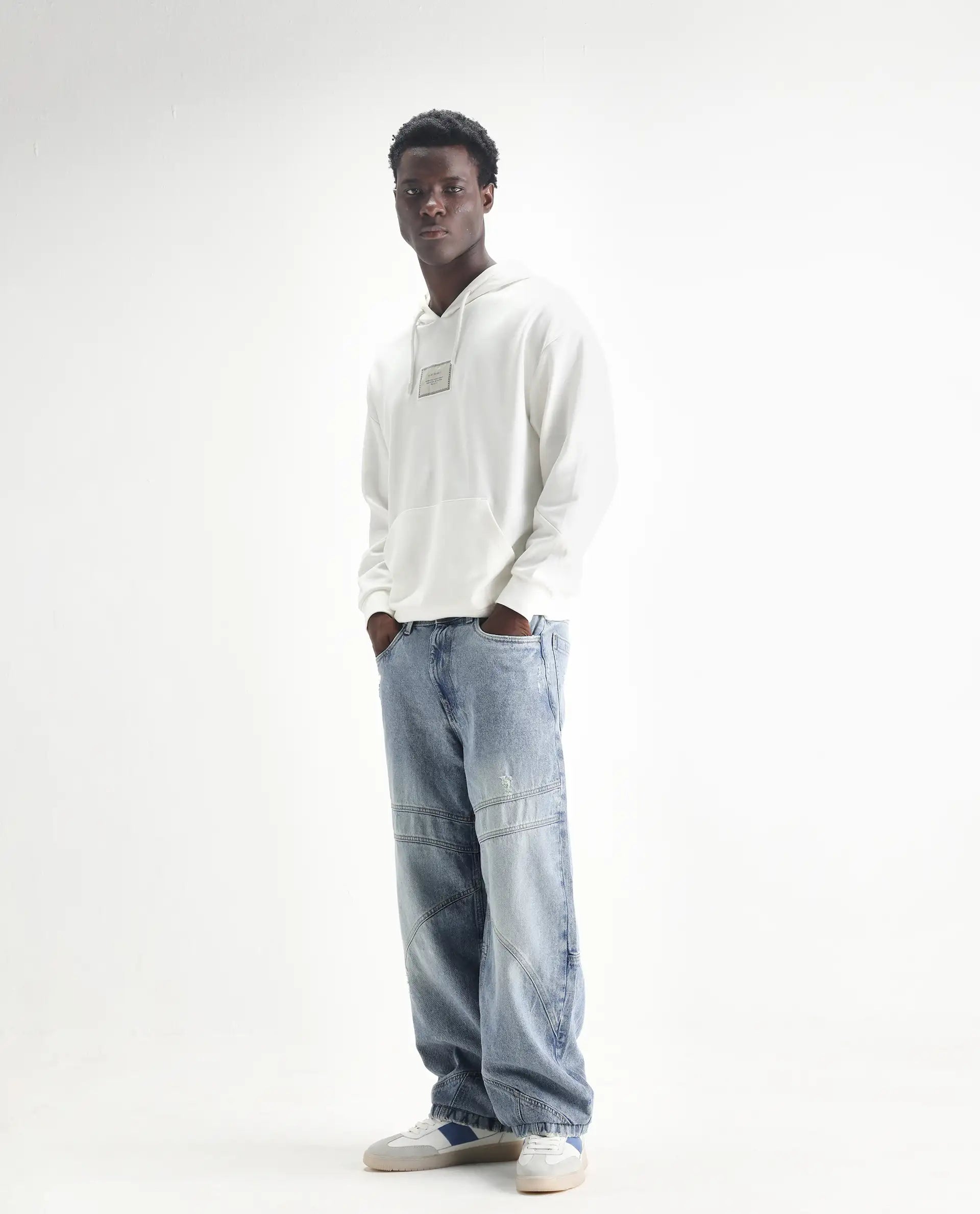 Rare Rabbit Men's Zeret Pastel Blue Cotton Plain Baggy Fit Jeans