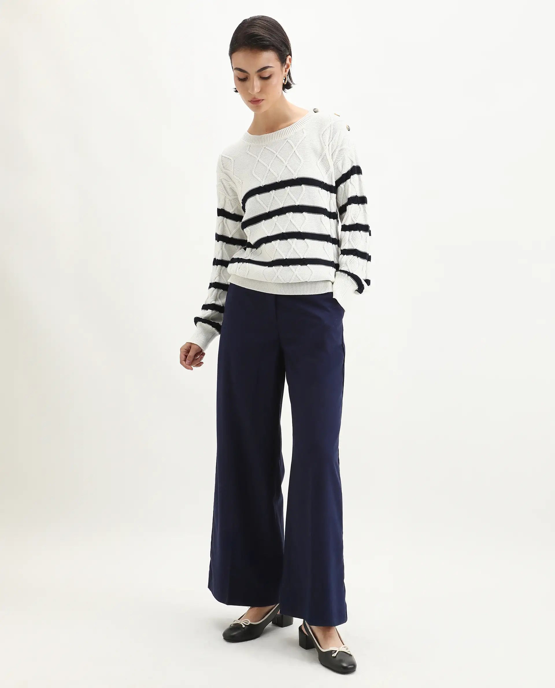 Rareism Women's Zerna White Cotton Crew Neck Regular Fit Sweater