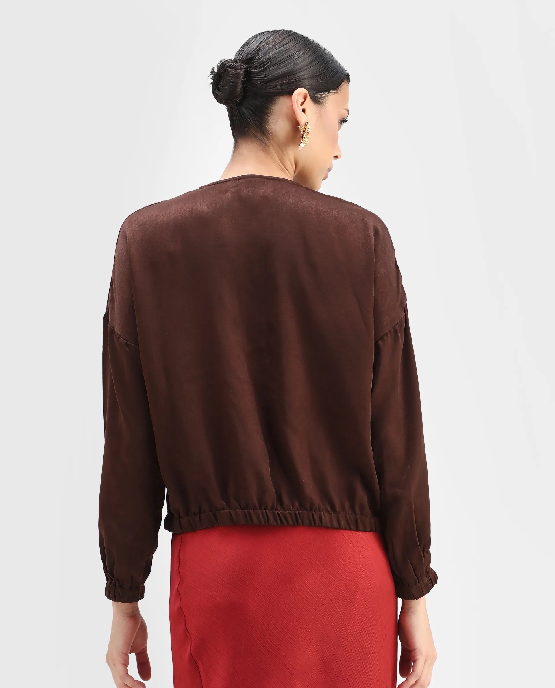 Rareism Women's Zerra Brown Satin Crew Neck Plain Bishop Sleeve Relaxed Fit Top