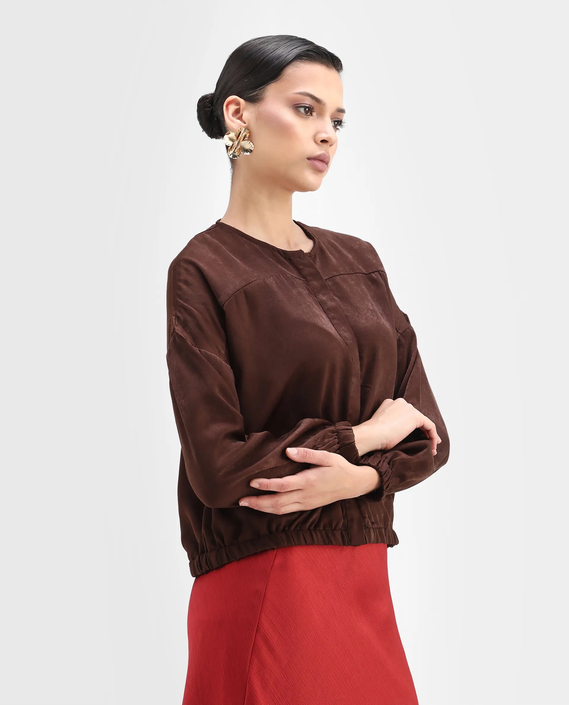 Rareism Women's Zerra Brown Satin Crew Neck Plain Bishop Sleeve Relaxed Fit Top