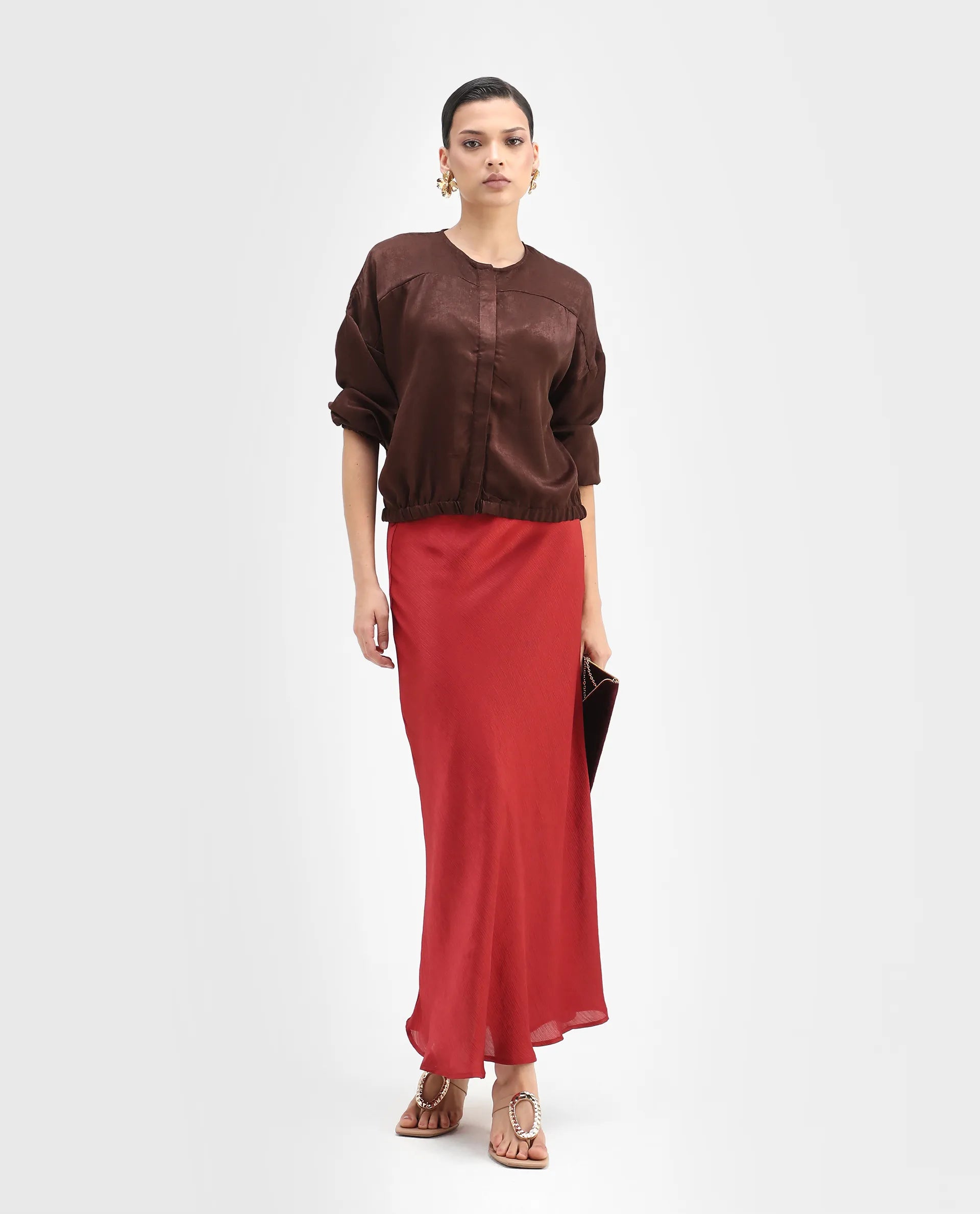 Rareism Women's Zerra Brown Satin Crew Neck Plain Bishop Sleeve Relaxed Fit Top