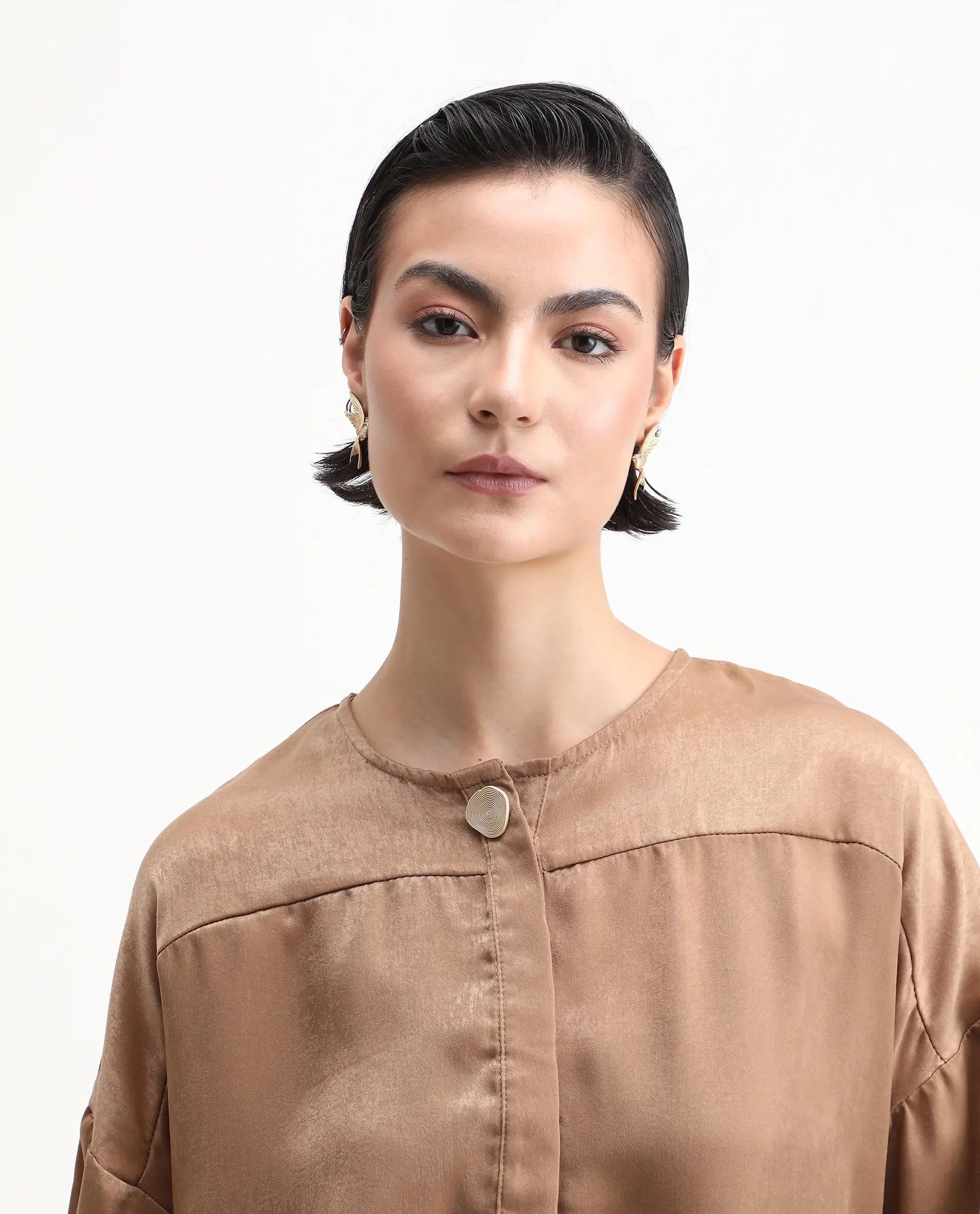 Rareism Women's Zerra Yellow Satin Crew Neck Plain Bishop Sleeve Relaxed Fit Top