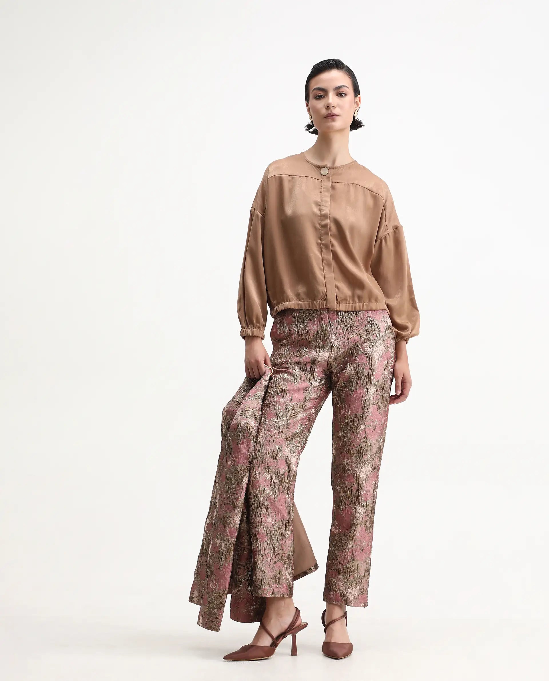 Rareism Women's Zerra Yellow Satin Crew Neck Plain Bishop Sleeve Relaxed Fit Top