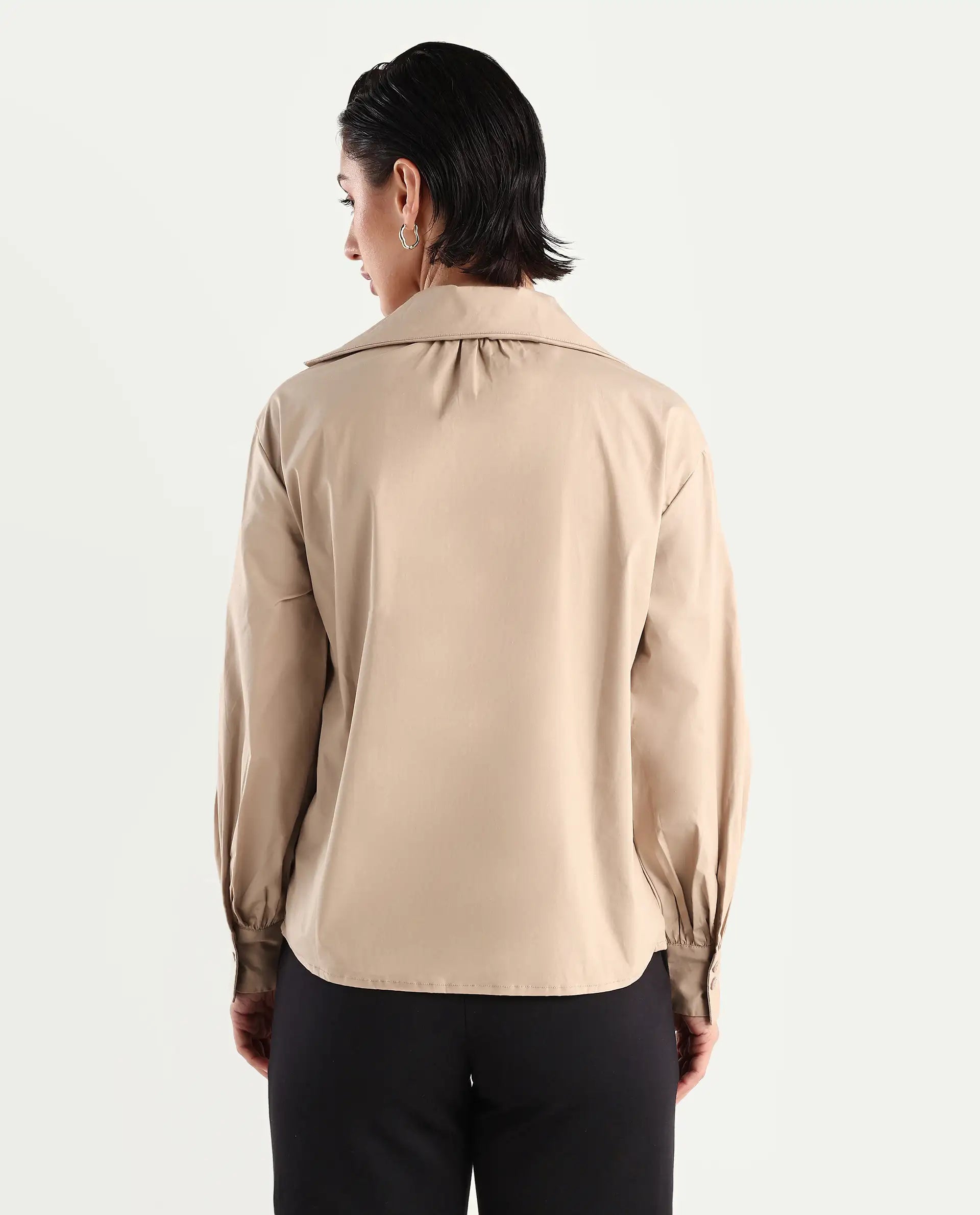 Rareism Women's Zes Beige Cotton Blend Drop Collar Plain Bishop Sleeve Relaxed Fit Top