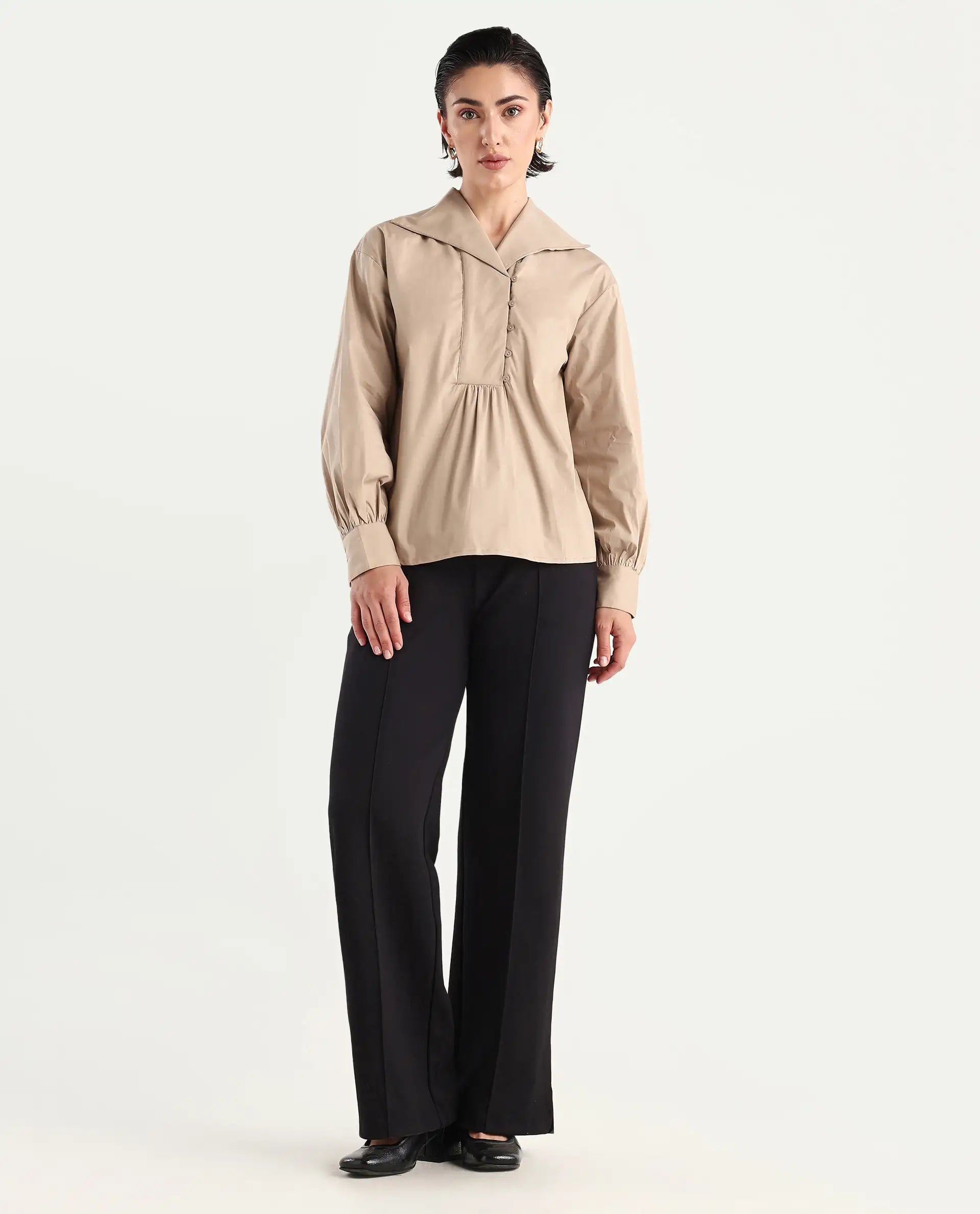 Rareism Women's Zes Beige Cotton Blend Drop Collar Plain Bishop Sleeve Relaxed Fit Top