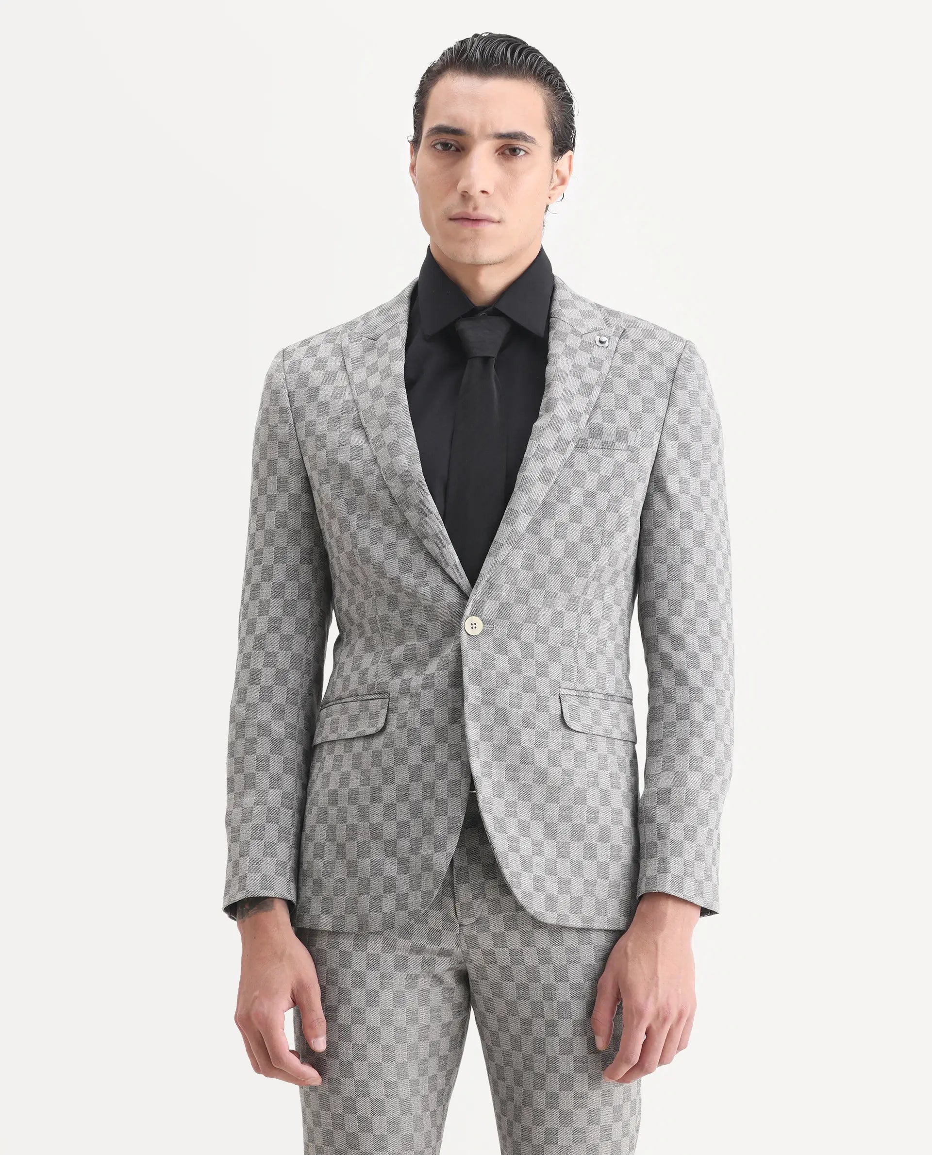 Rare Rabbit Men's Zeta Grey Viscose Jacquard Tailored Fit Full Sleeve Lapel Neck Suits