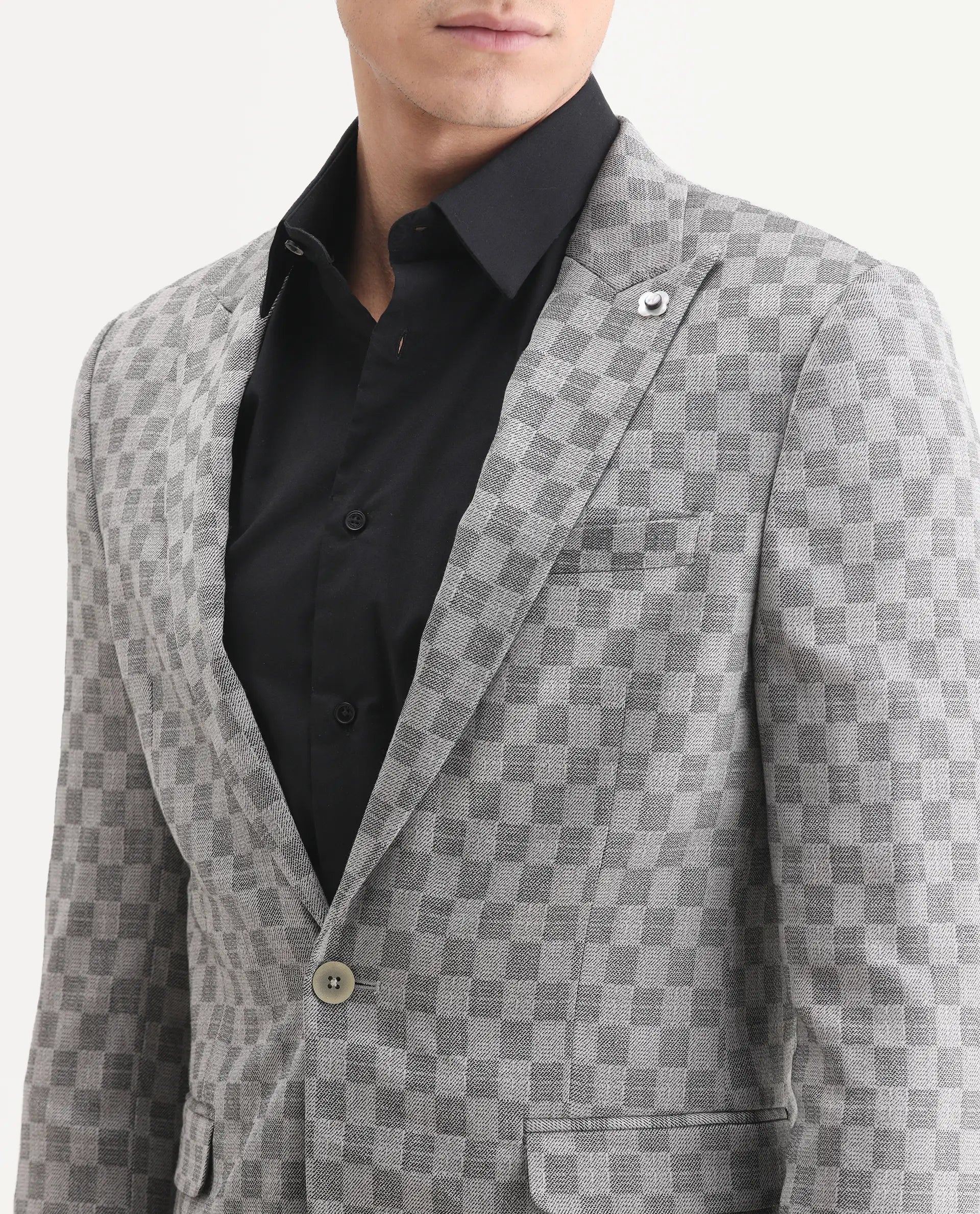 Rare Rabbit Men's Zeta Grey Viscose Jacquard Tailored Fit Full Sleeve Lapel Neck Suits