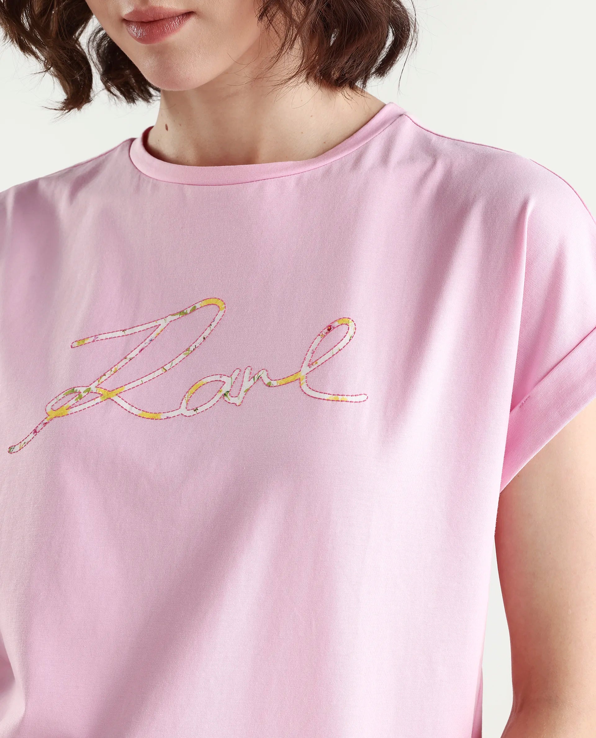 Rareism Women's Zeta Light Pink Cotton Blend Half Sleeve Relaxed Fit Typography Print T-Shirt