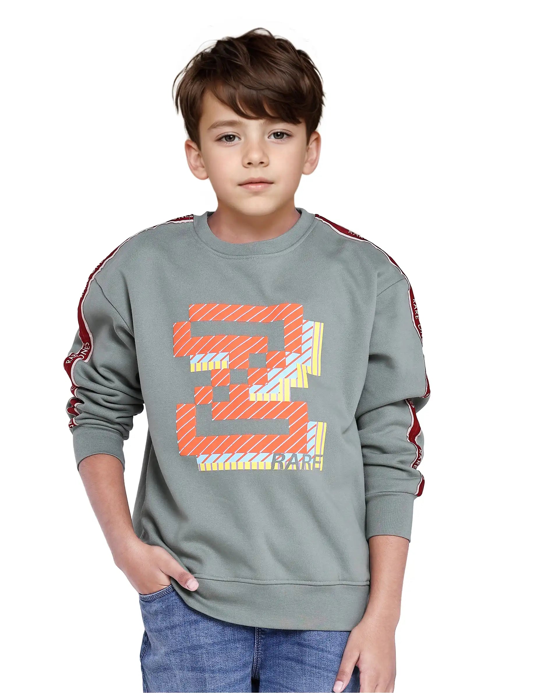 Rare Ones Kids Zet Dusky Green Cotton Poly Full Sleeve Puff Print Sweatshirt