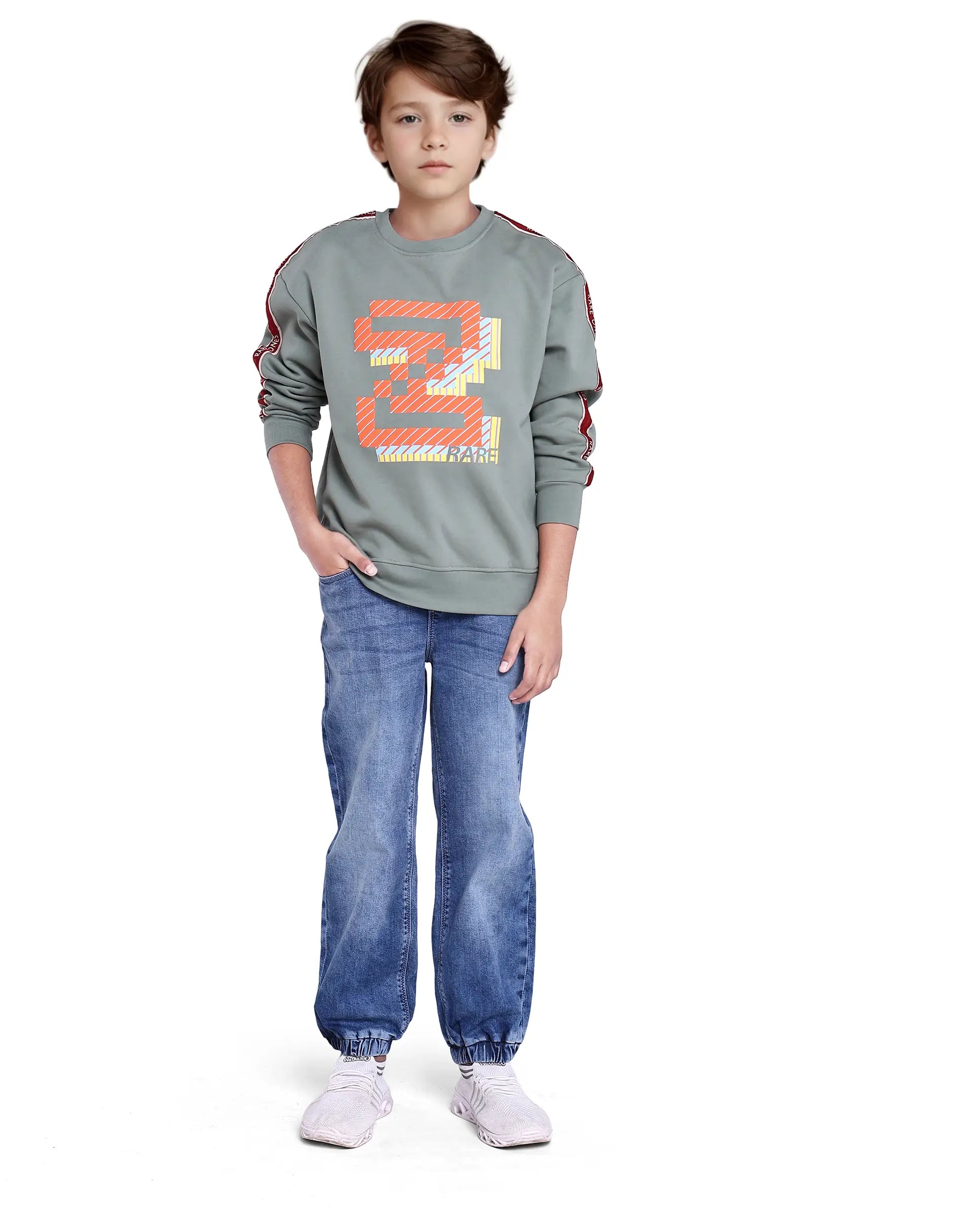 Rare Ones Kids Zet Dusky Green Cotton Poly Full Sleeve Puff Print Sweatshirt
