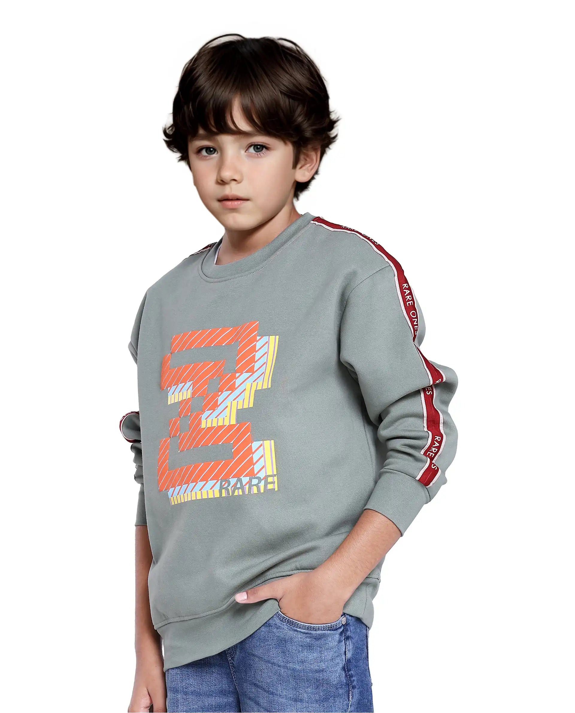 Rare Ones Kids Zet Dusky Green Cotton Poly Full Sleeve Puff Print Sweatshirt