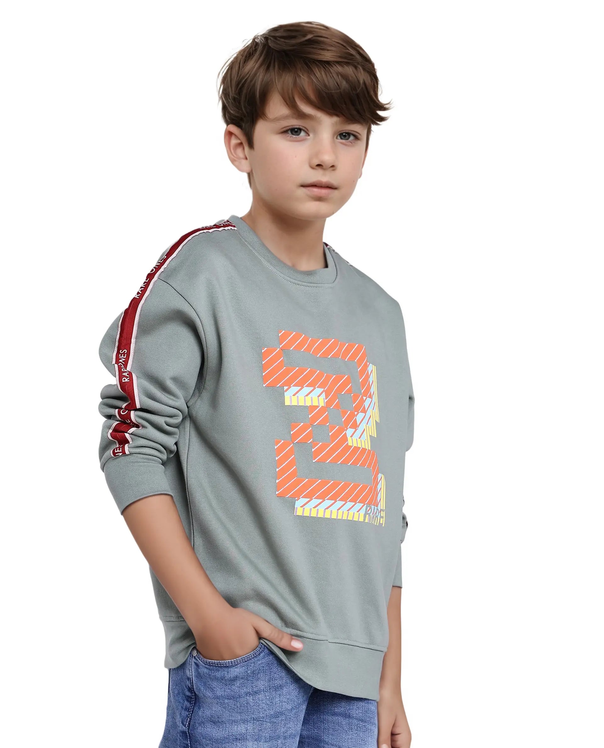 Rare Ones Kids Zet Dusky Green Cotton Poly Full Sleeve Puff Print Sweatshirt