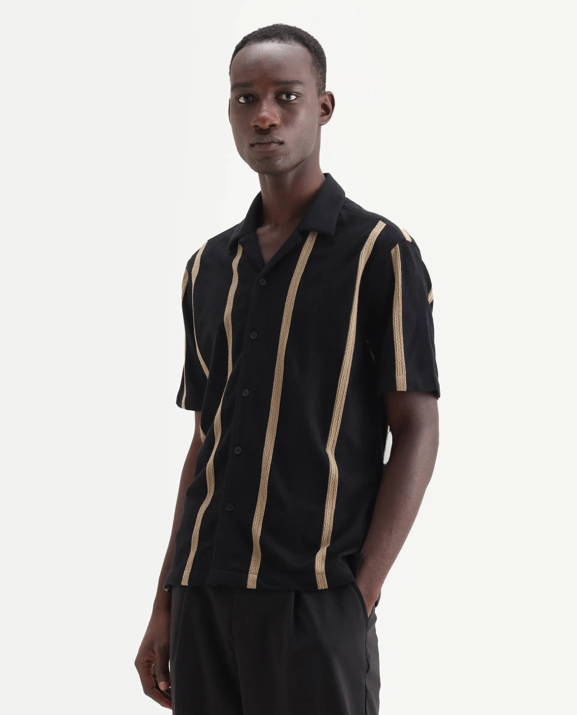 Rare Rabbit Men's Zeti Black Cotton Blend Fabric Half Sleeve Relaxed Fit Striped Shirt