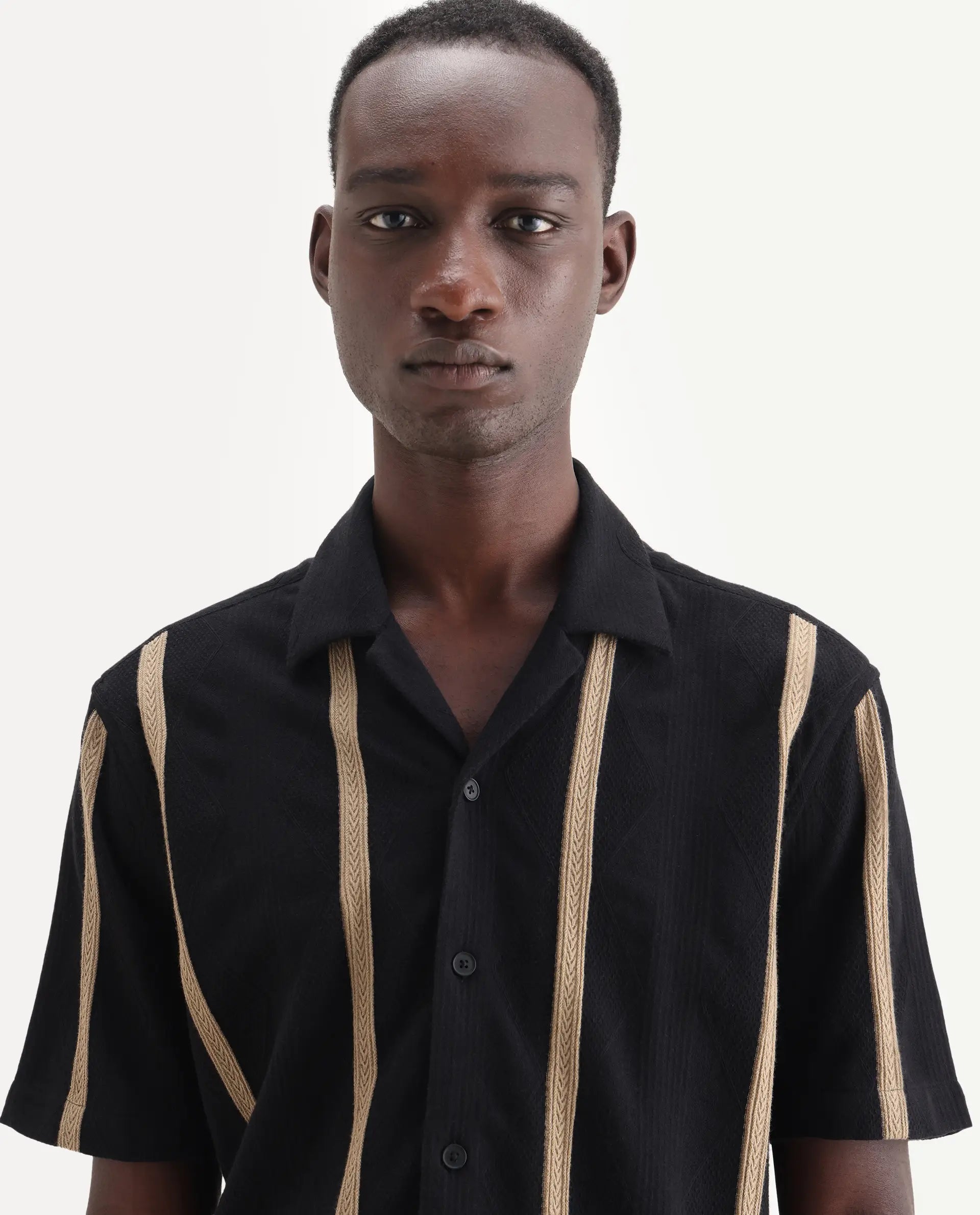 Rare Rabbit Men's Zeti Black Cotton Blend Fabric Half Sleeve Relaxed Fit Striped Shirt