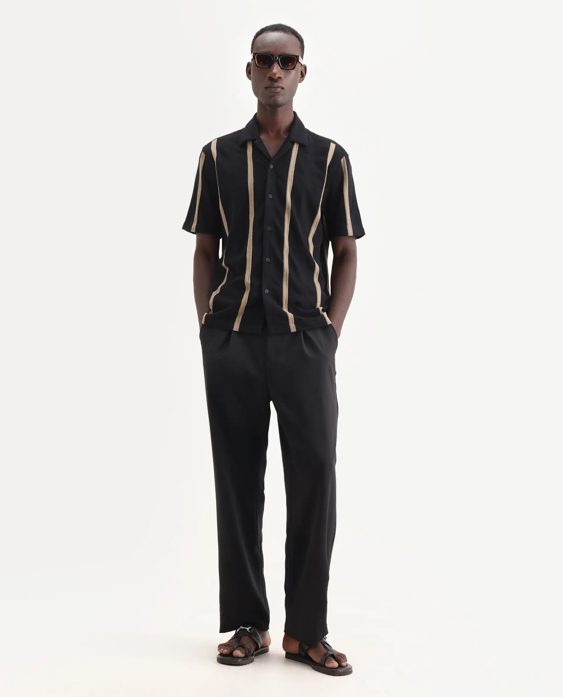 Rare Rabbit Men's Zeti Black Cotton Blend Fabric Half Sleeve Relaxed Fit Striped Shirt