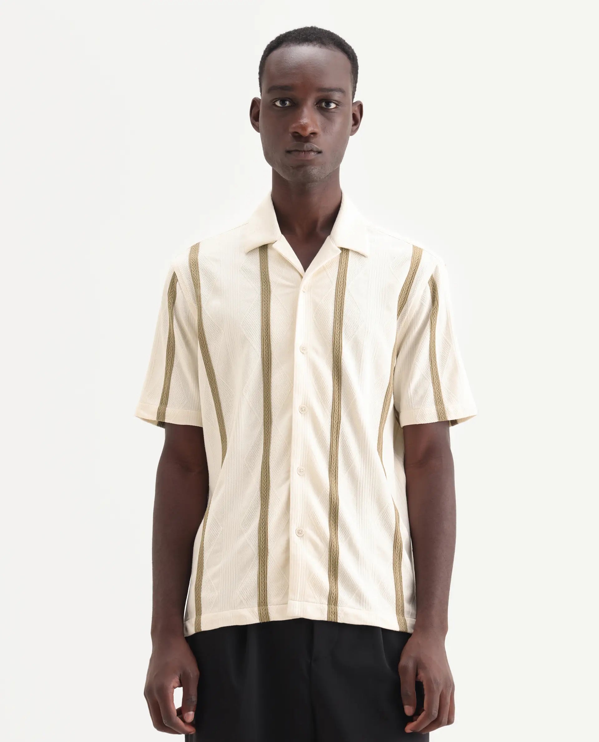 Rare Rabbit Men's Zeti Off White Cotton Blend Fabric Half Sleeve Relaxed Fit Striped Shirt