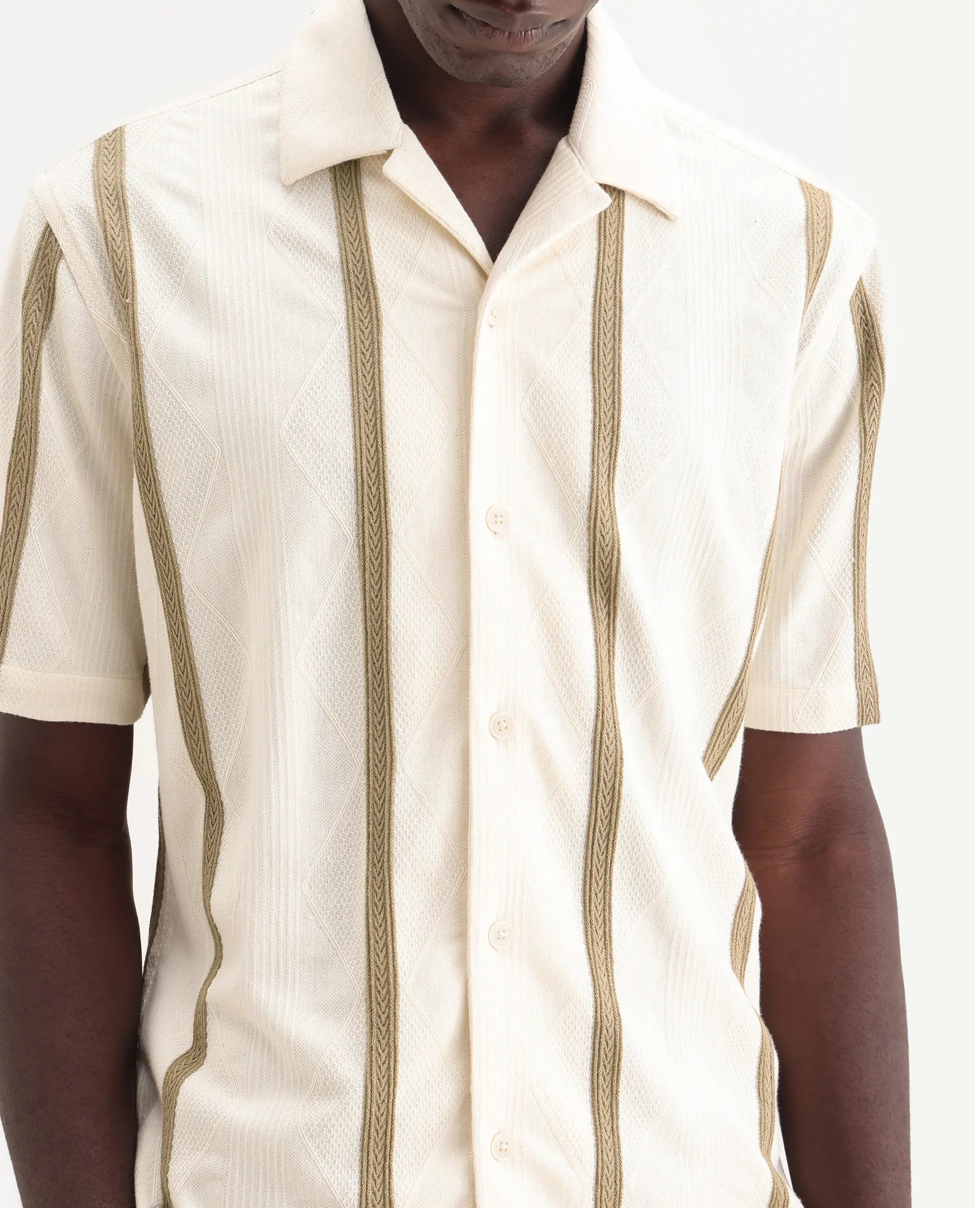 Rare Rabbit Men's Zeti Off White Cotton Blend Fabric Half Sleeve Relaxed Fit Striped Shirt