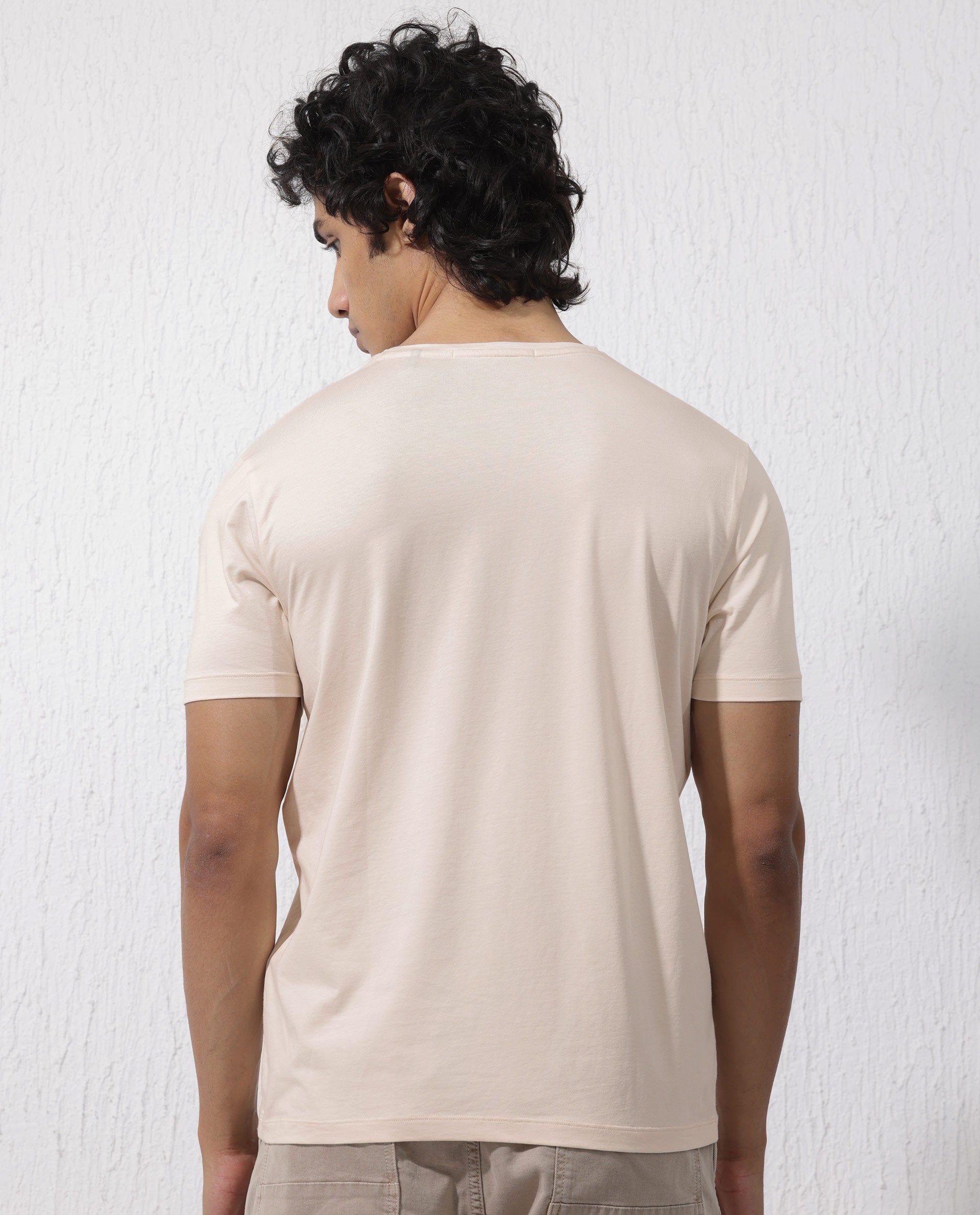 Rare Rabbit Men's Zeus Beige Cotton Lycra Fabric Half Sleeves Graphic Print T-Shirt