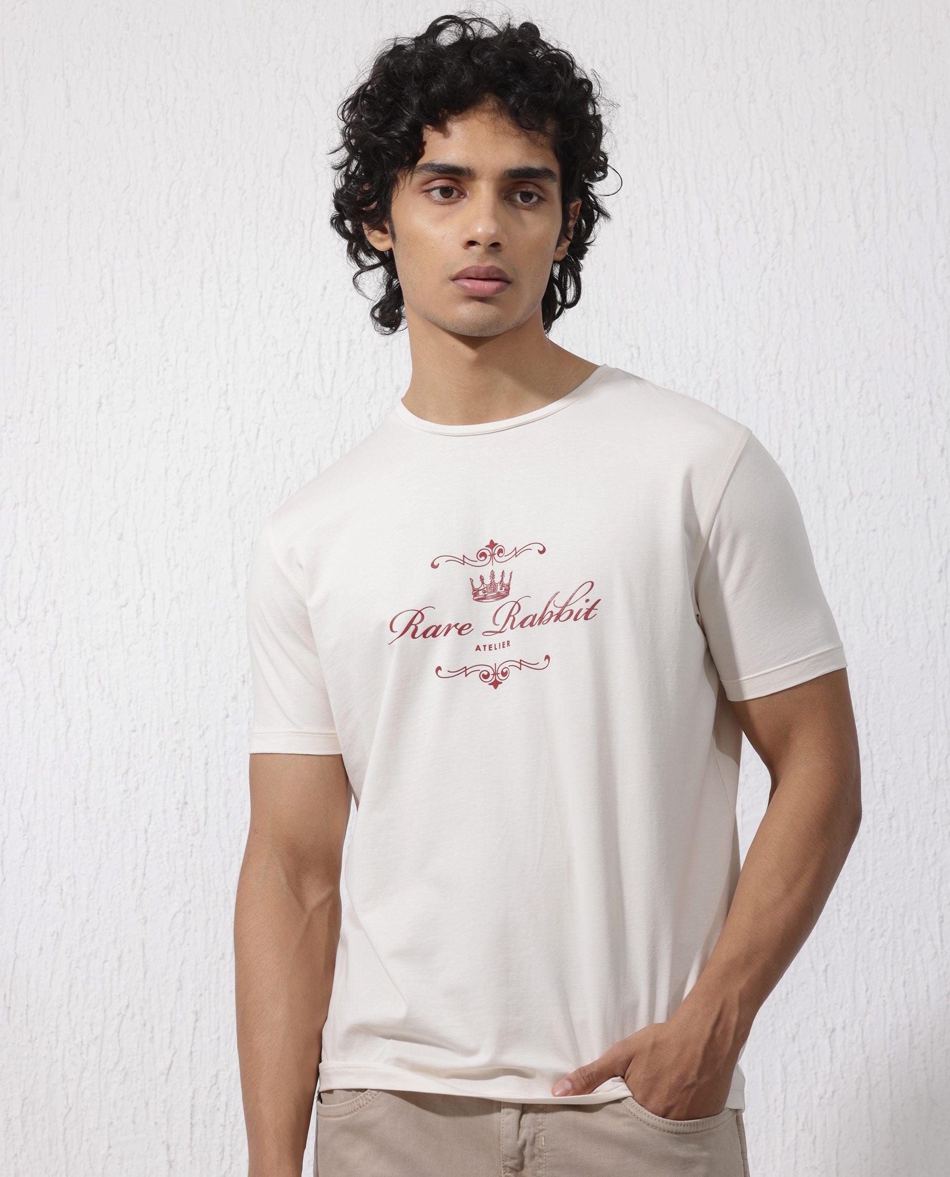 Rare Rabbit Men's Zeus Beige Cotton Lycra Fabric Half Sleeves Graphic Print T-Shirt