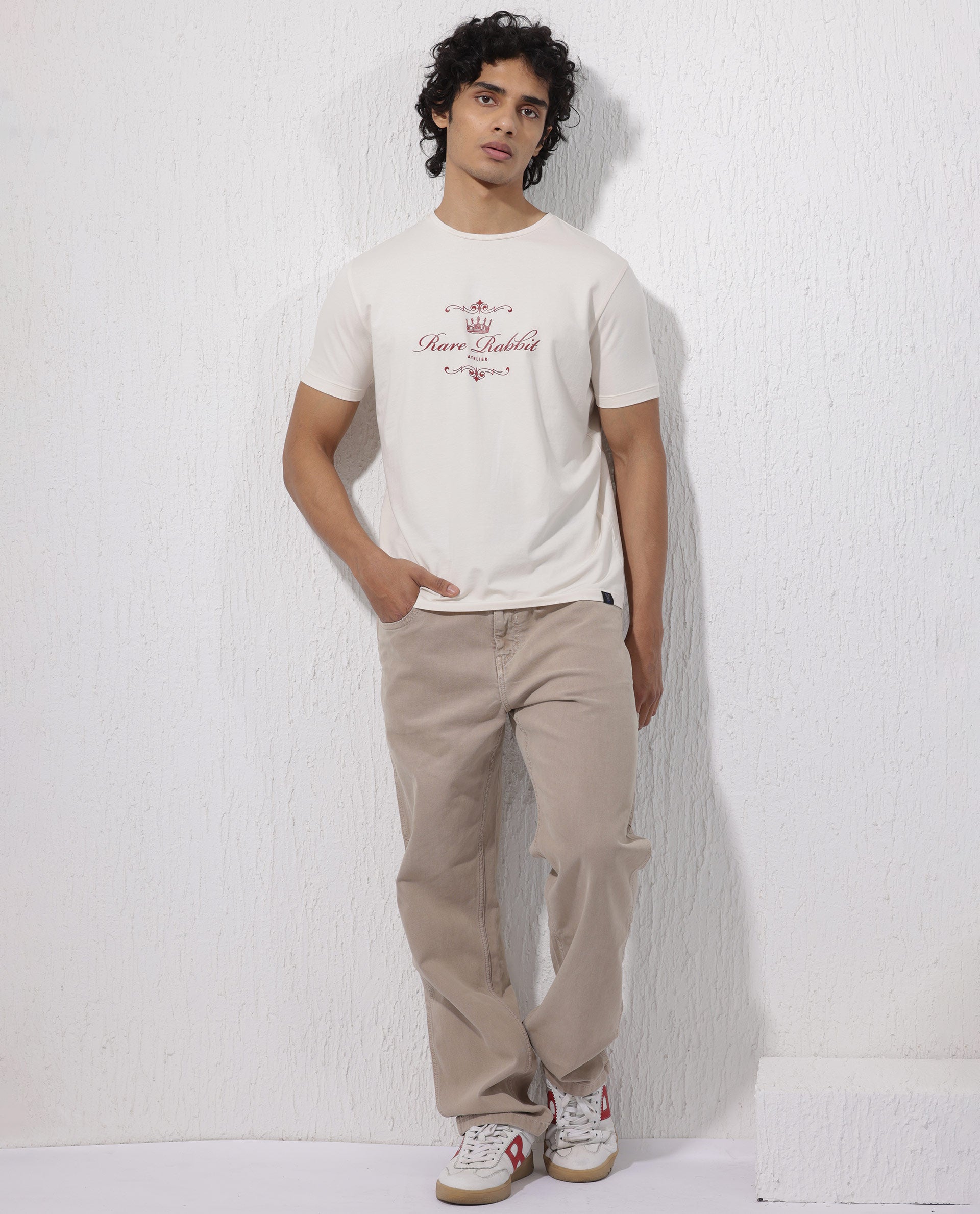 Rare Rabbit Men's Zeus Beige Cotton Lycra Fabric Half Sleeves Graphic Print T-Shirt