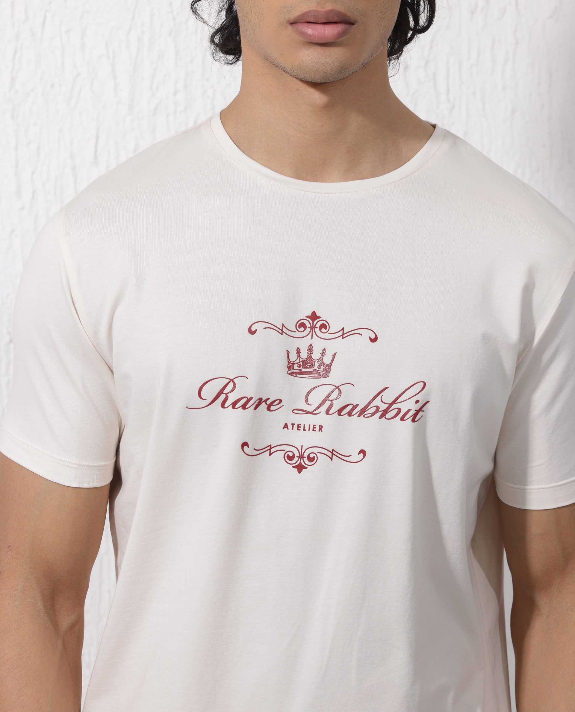 Rare Rabbit Men's Zeus Beige Cotton Lycra Fabric Half Sleeves Graphic Print T-Shirt