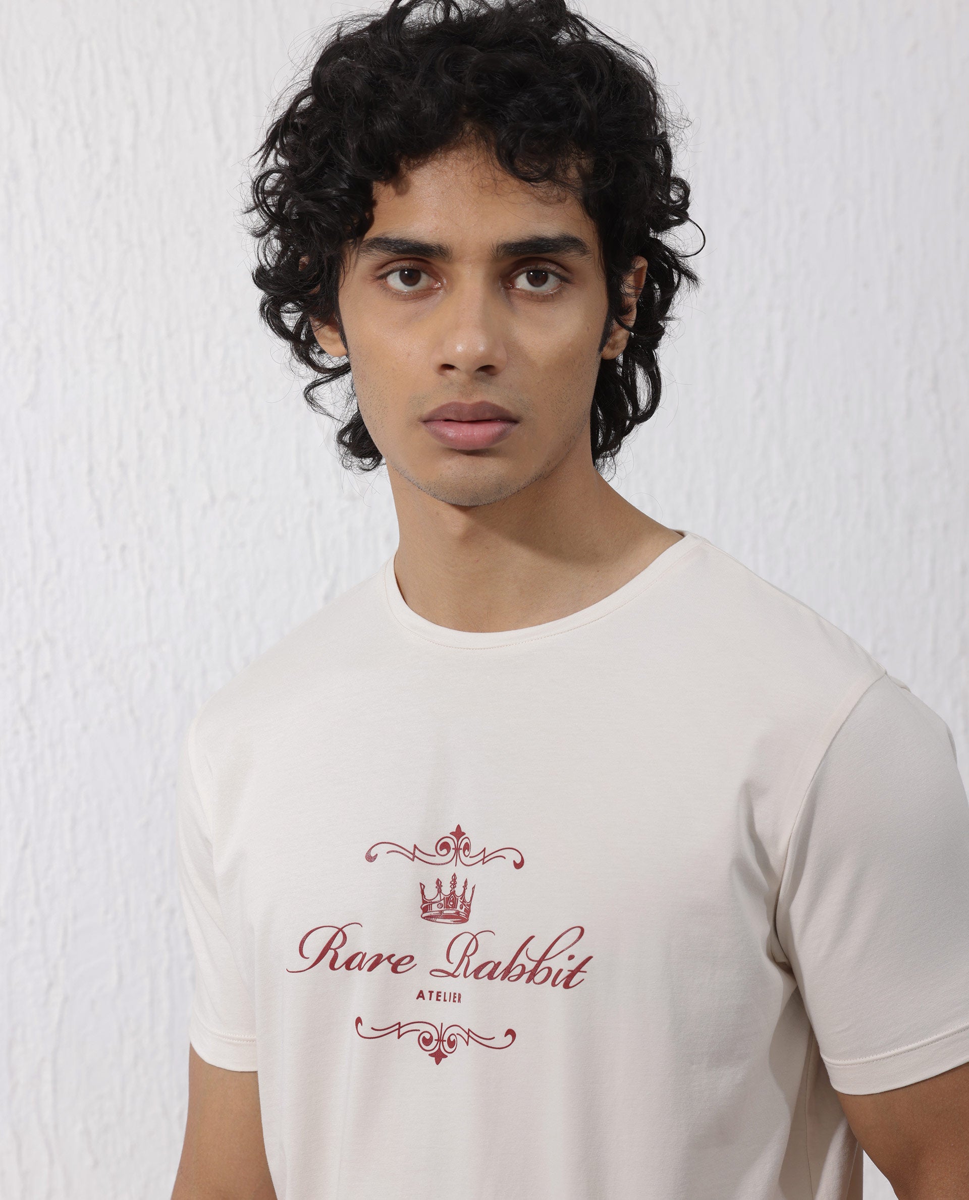 Rare Rabbit Men's Zeus Beige Cotton Lycra Fabric Half Sleeves Graphic Print T-Shirt