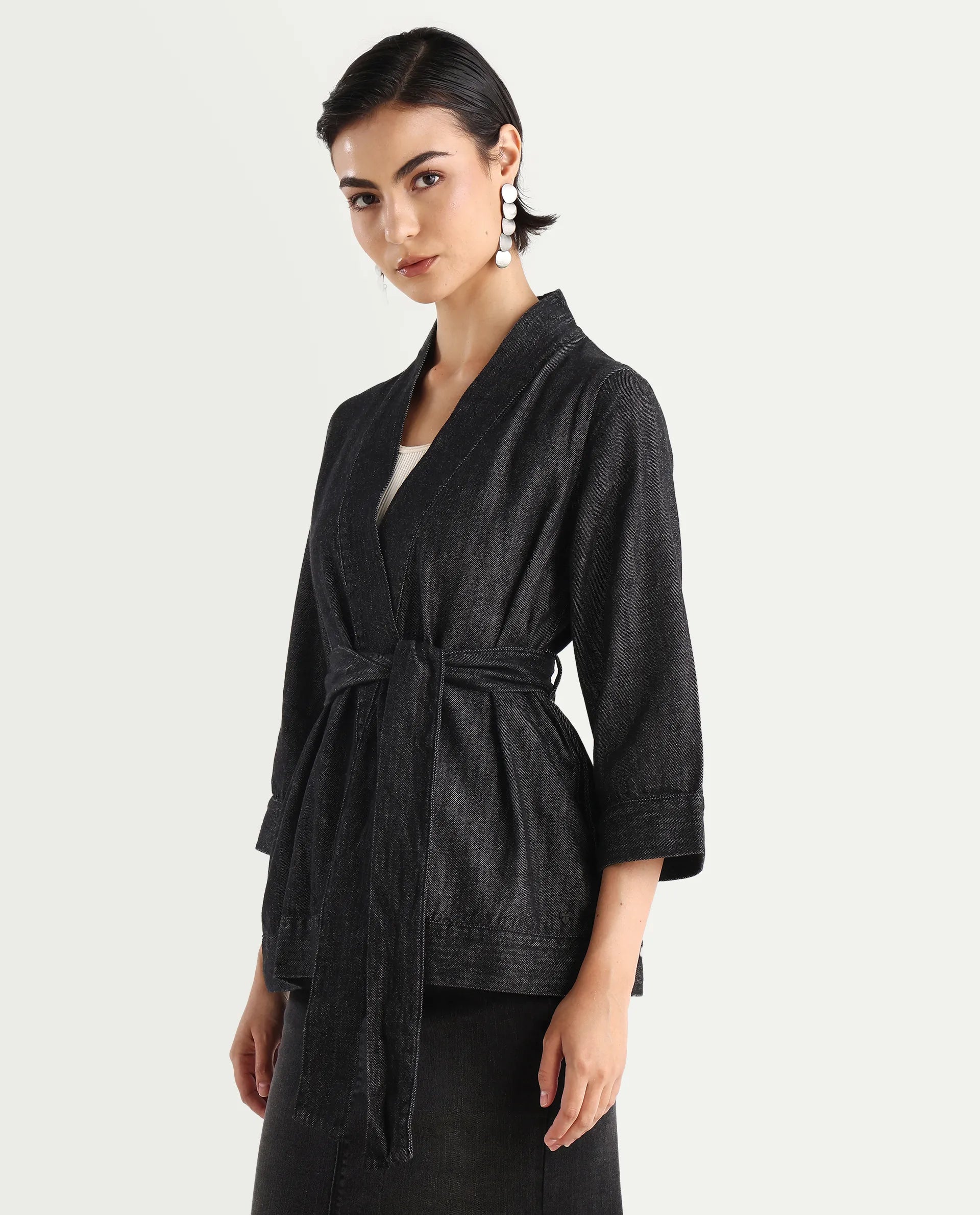 Rareism Women's Zezamy Black Cotton Wrap Neck Plain Regular Fit Jacket