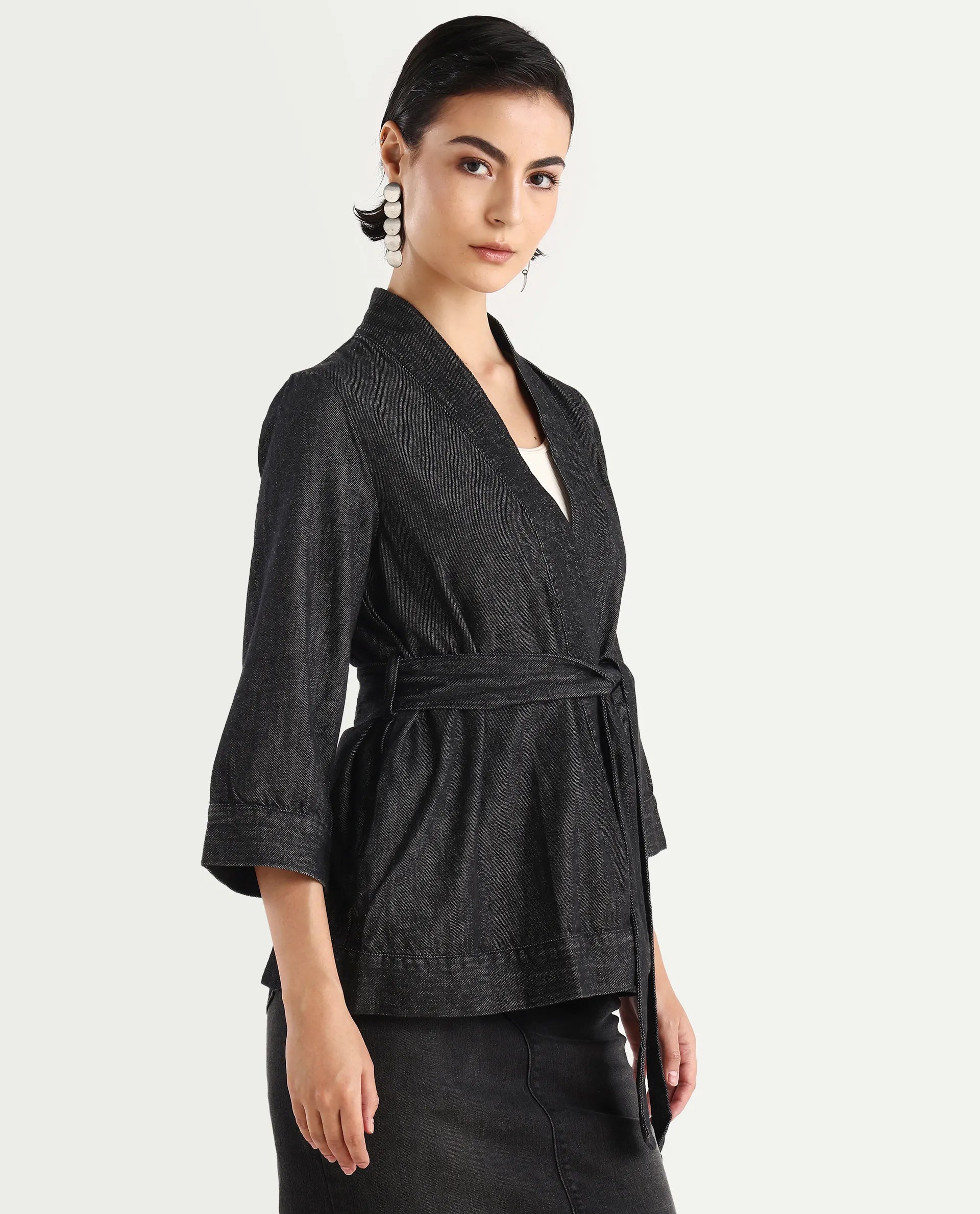 Rareism Women's Zezamy Black Cotton Wrap Neck Plain Regular Fit Jacket