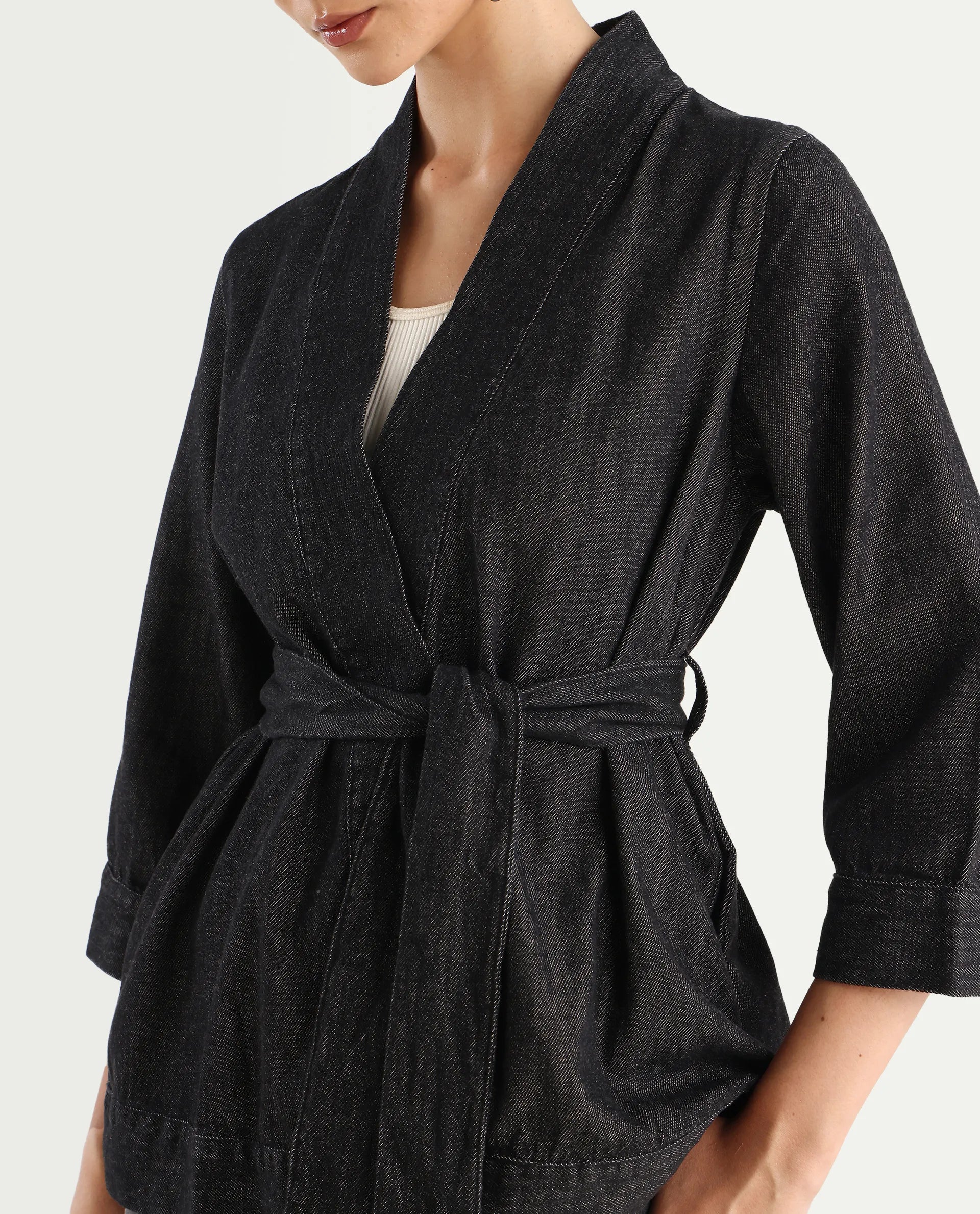 Rareism Women's Zezamy Black Cotton Wrap Neck Plain Regular Fit Jacket